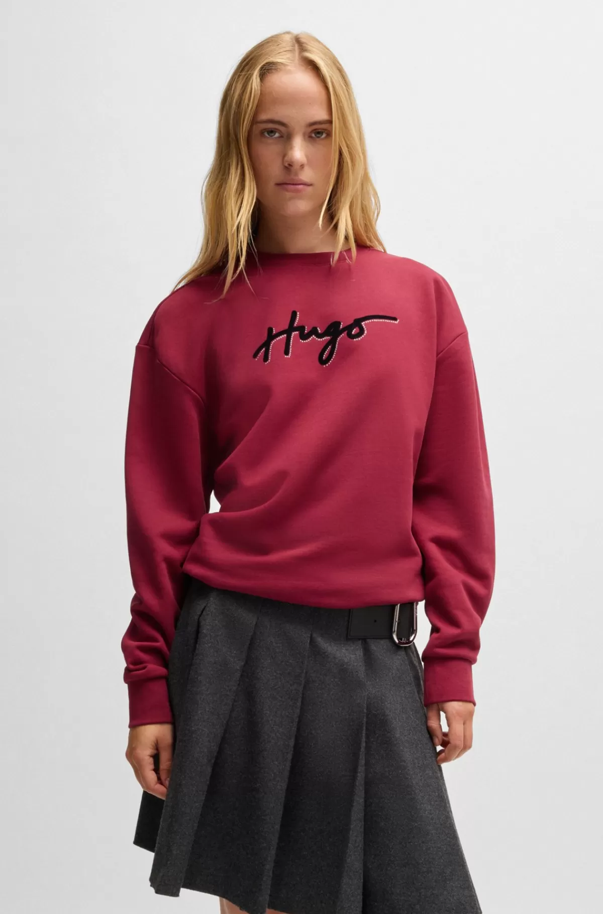 HUGO BOSS Sweatshirt I Bomuldsfrotté Med Velourprint Og Rhinsten Mørkerød Cheap