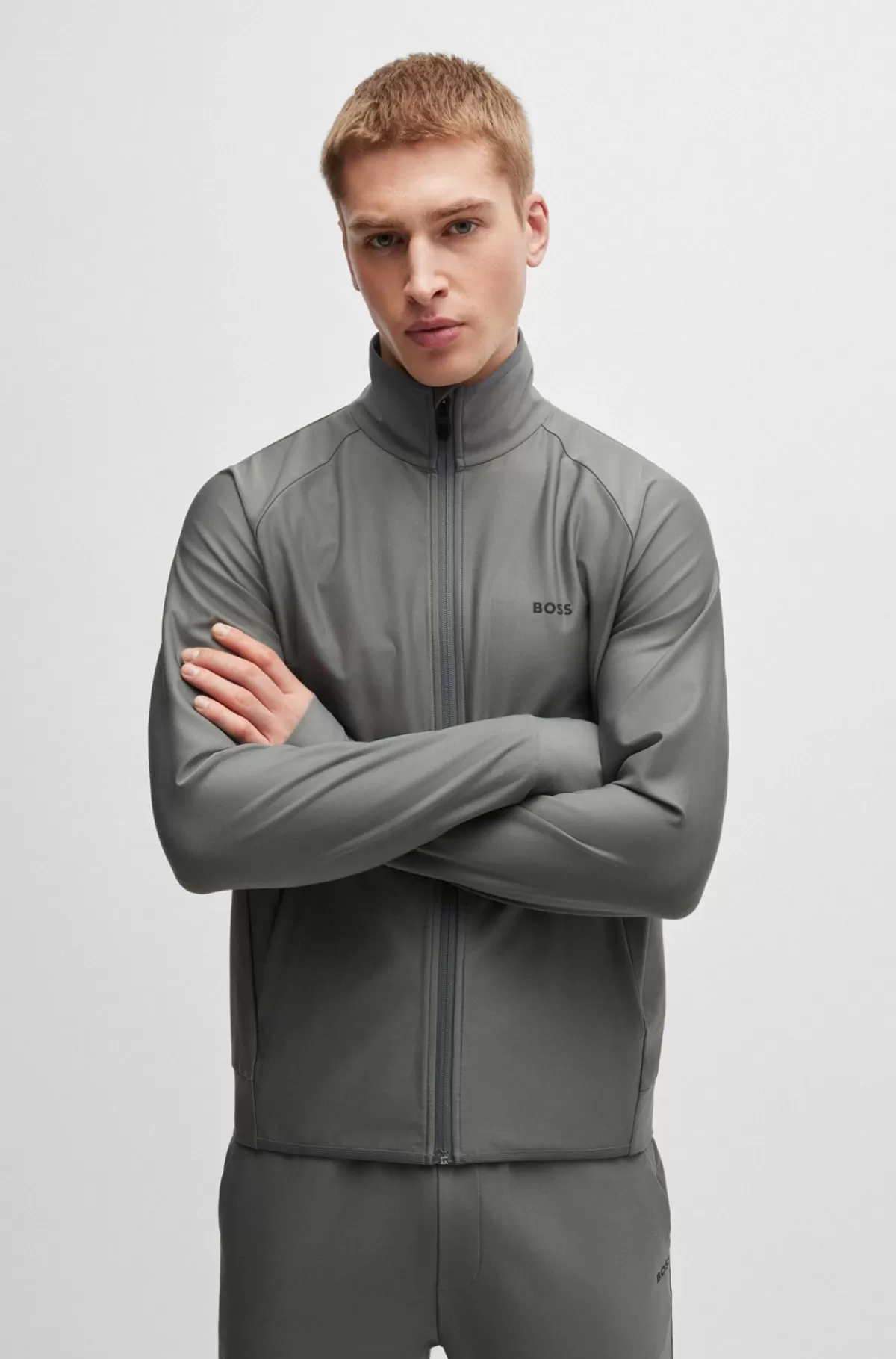 HUGO BOSS Sweatshirt Med Lynlås Og Dekorativt, Reflekterende Logo Grå Flash Sale