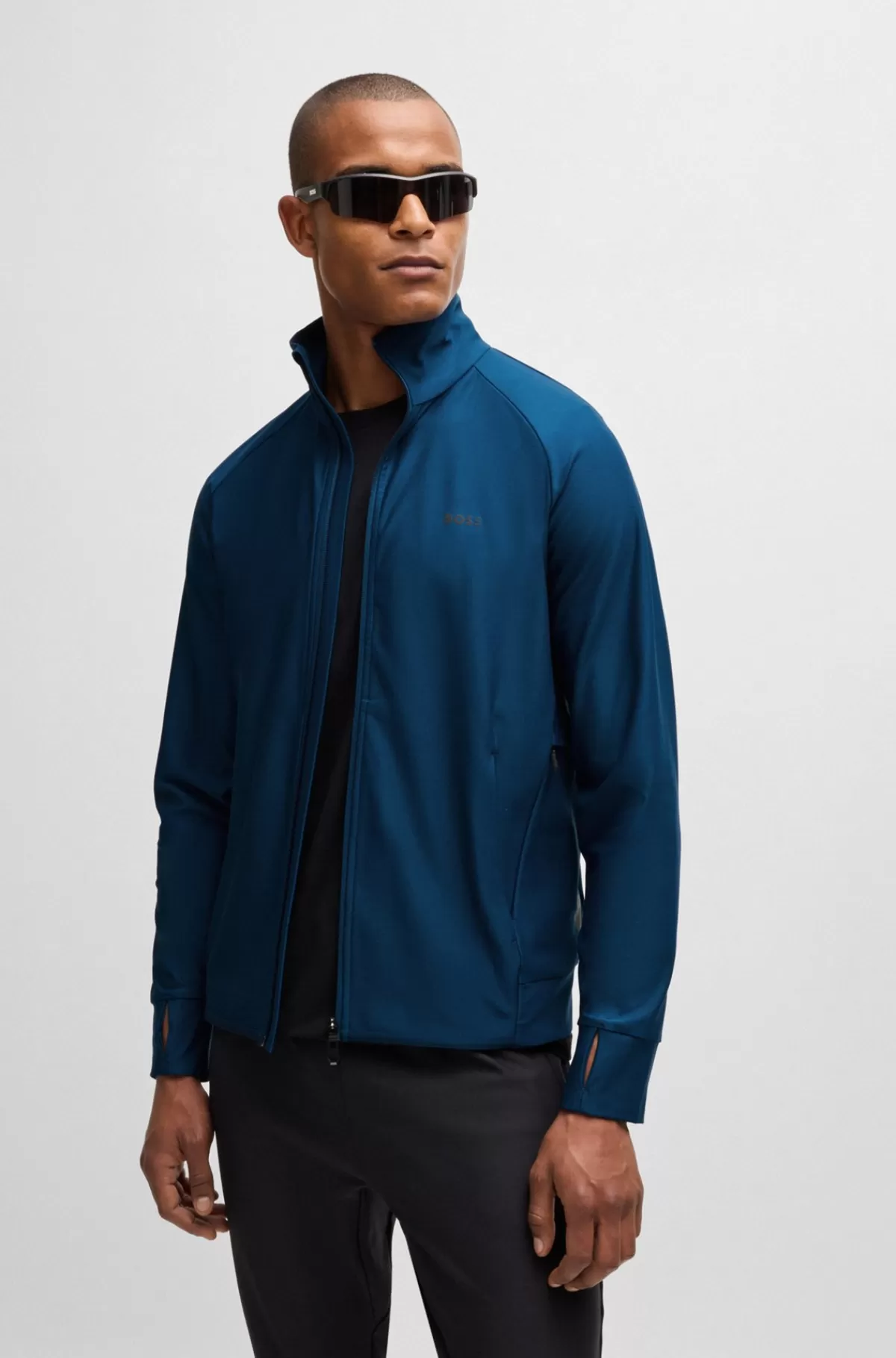 HUGO BOSS Sweatshirt Med Lynlås Og Dekorativt, Reflekterende Logo Blå Clearance