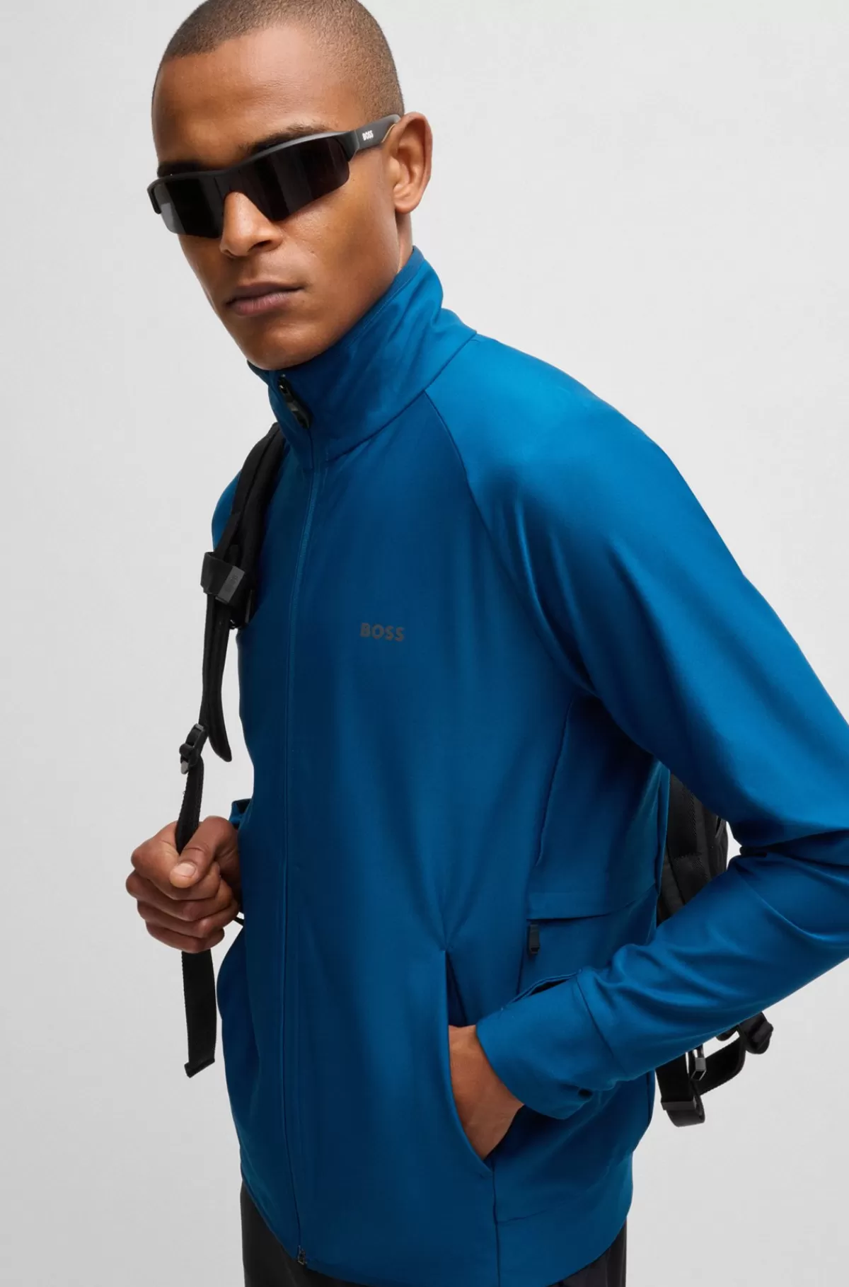 HUGO BOSS Sweatshirt Med Lynlås Og Dekorativt, Reflekterende Logo Blå Clearance