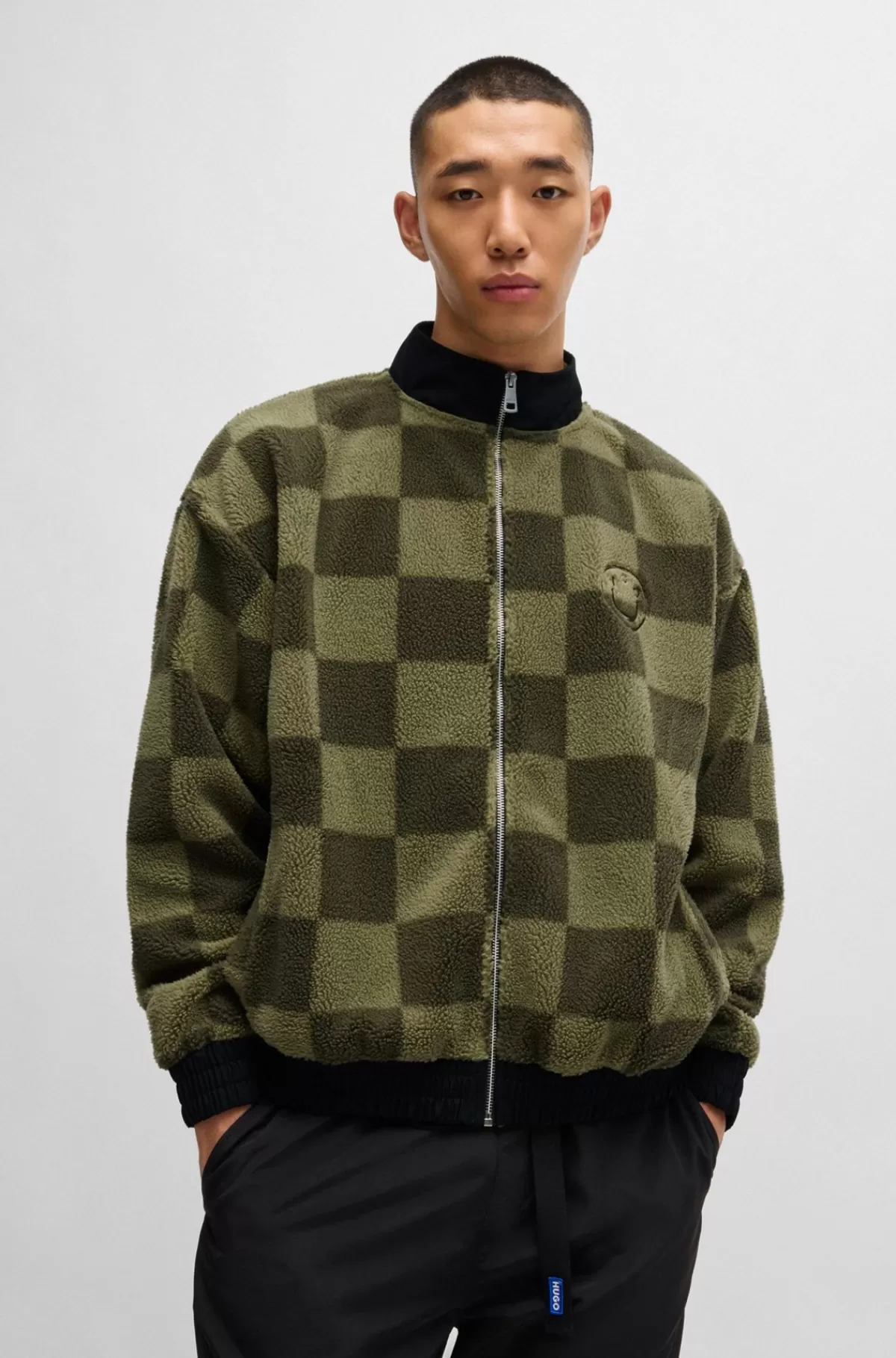 HUGO BOSS Sweatshirt Med Lynlås Og Loosefit Samt Skakternet Print Grøn Best