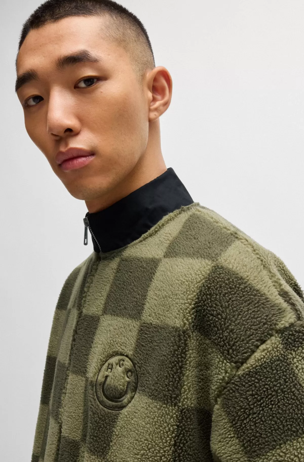 HUGO BOSS Sweatshirt Med Lynlås Og Loosefit Samt Skakternet Print Grøn Best