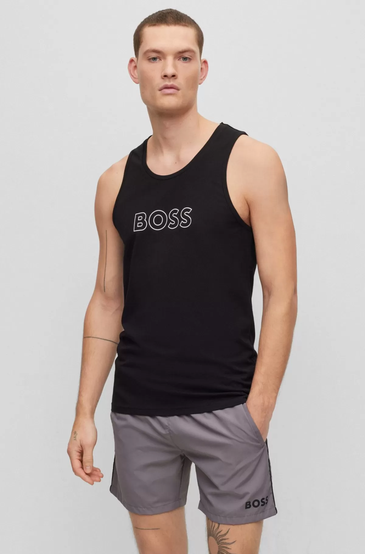 HUGO BOSS Tanktop I Bomuldsjersey Med Omridslogo Sort Clearance
