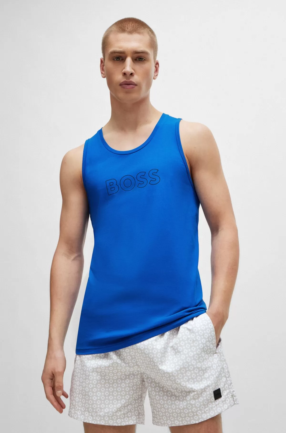 HUGO BOSS Tanktop I Bomuldsjersey Med Omridslogo Blå Fashion