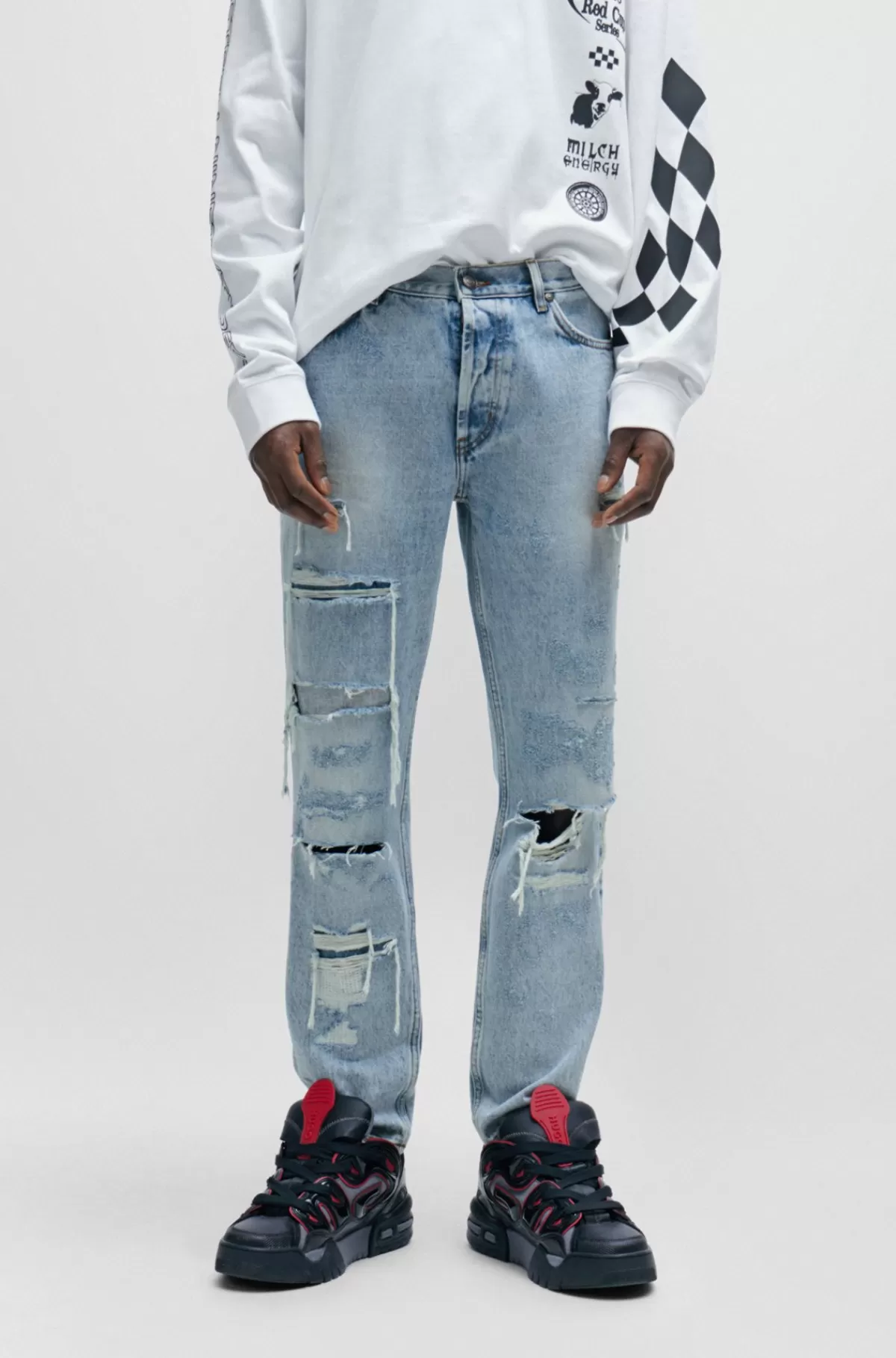 HUGO BOSS Tapered Fit Jeans I Blå Denim Med Slidte Detaljer Lyseblå Cheap
