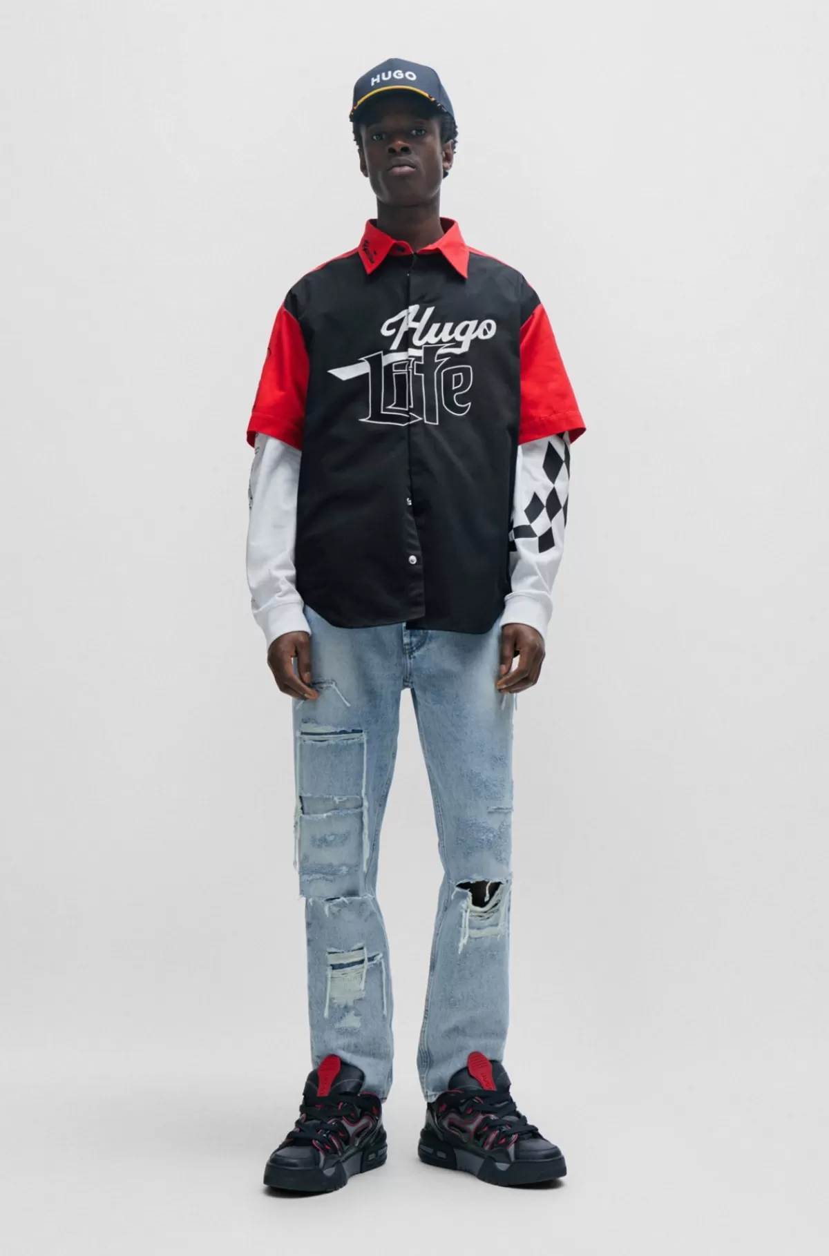 HUGO BOSS Tapered Fit Jeans I Blå Denim Med Slidte Detaljer Lyseblå Cheap