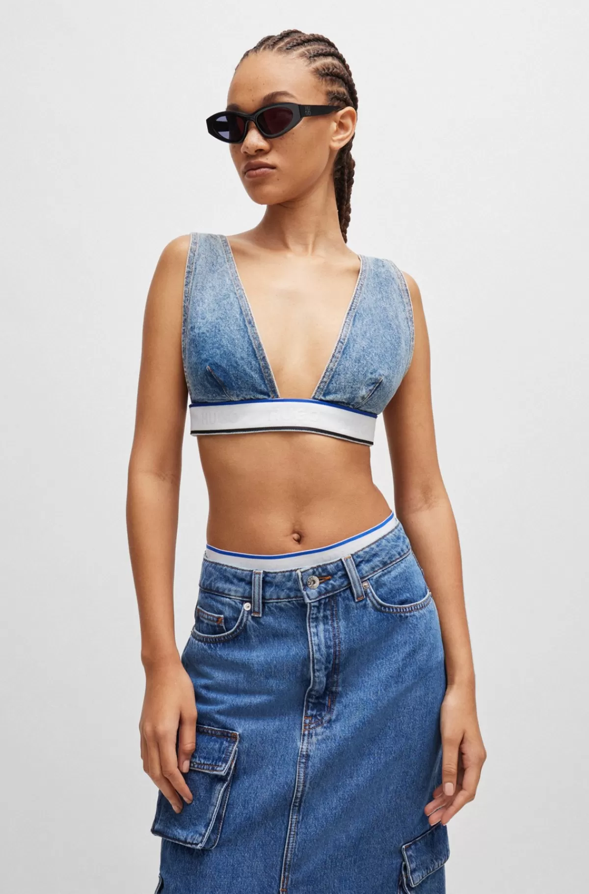 HUGO BOSS Top I Blå Denim Med Brandet Elastik Lyseblå Store