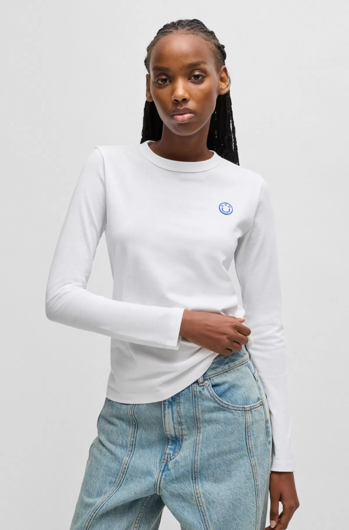 HUGO BOSS Top I Bomuldsjersey Med Happy HUGO Logobadge Hvid Cheap