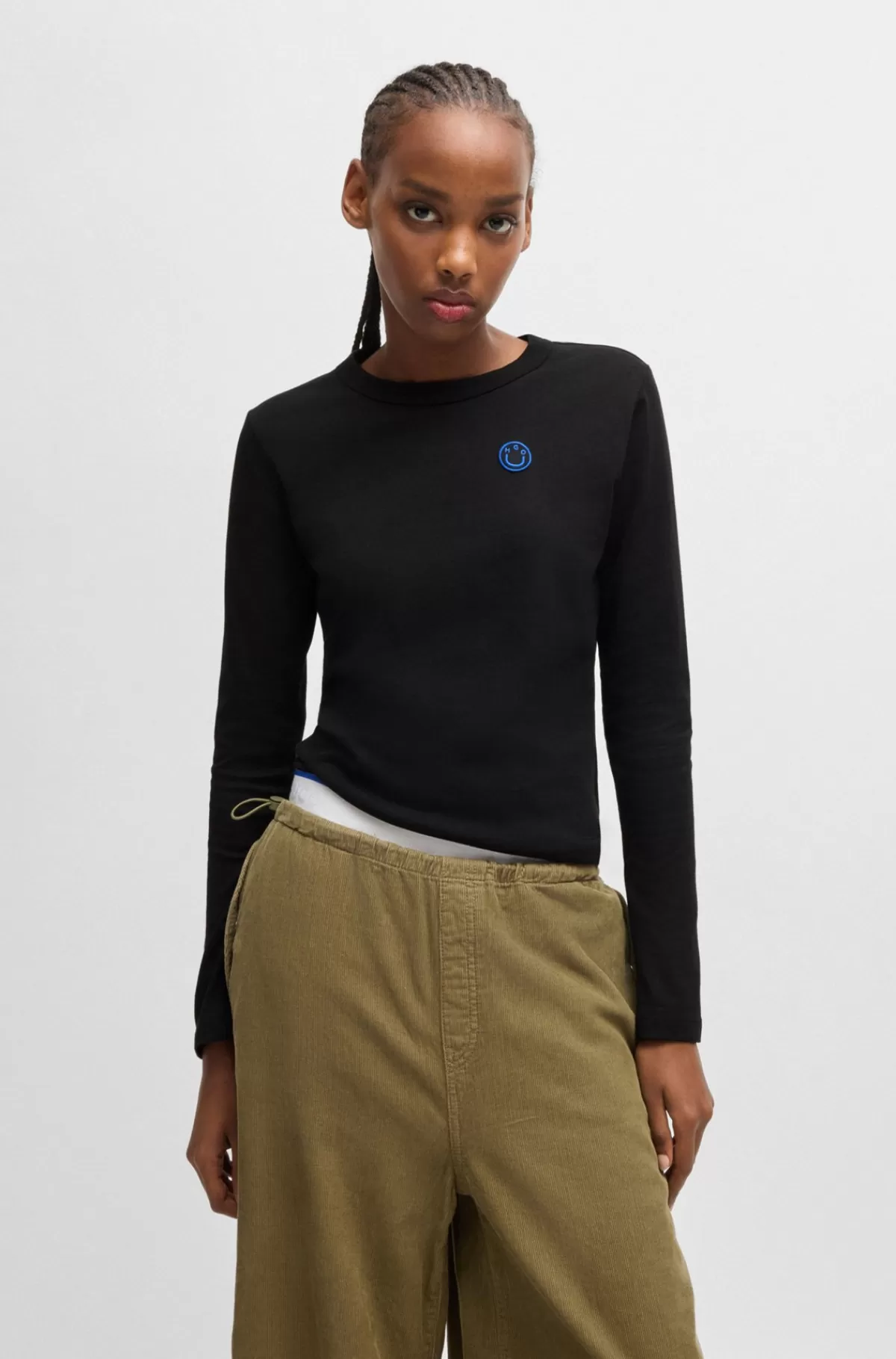 HUGO BOSS Top I Bomuldsjersey Med Happy HUGO Logobadge Sort Best Sale