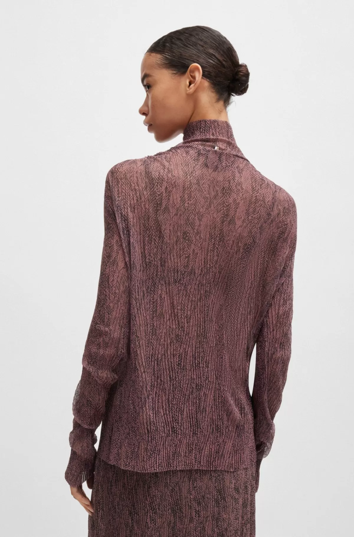 HUGO BOSS Top Med Høj Hals I Plisseret Tyl Brun mønstret Shop
