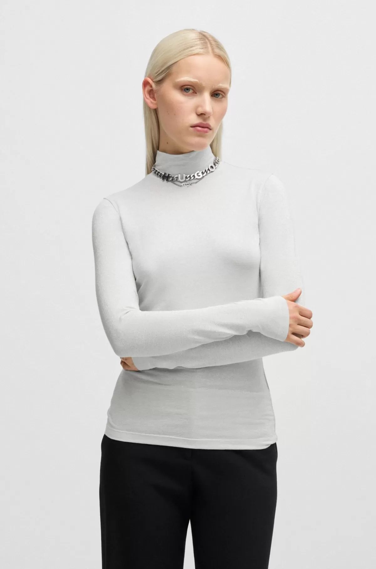 HUGO BOSS Top Med Høj Hals Og Metallisk Garn Hvid Hot