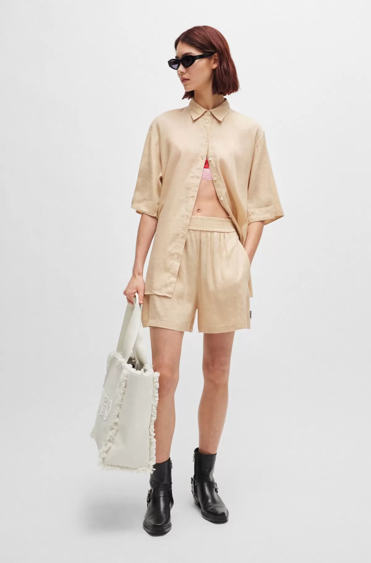 HUGO BOSS Tote Bag Med Logo Og Frynsedetaljer Naturlig Sale