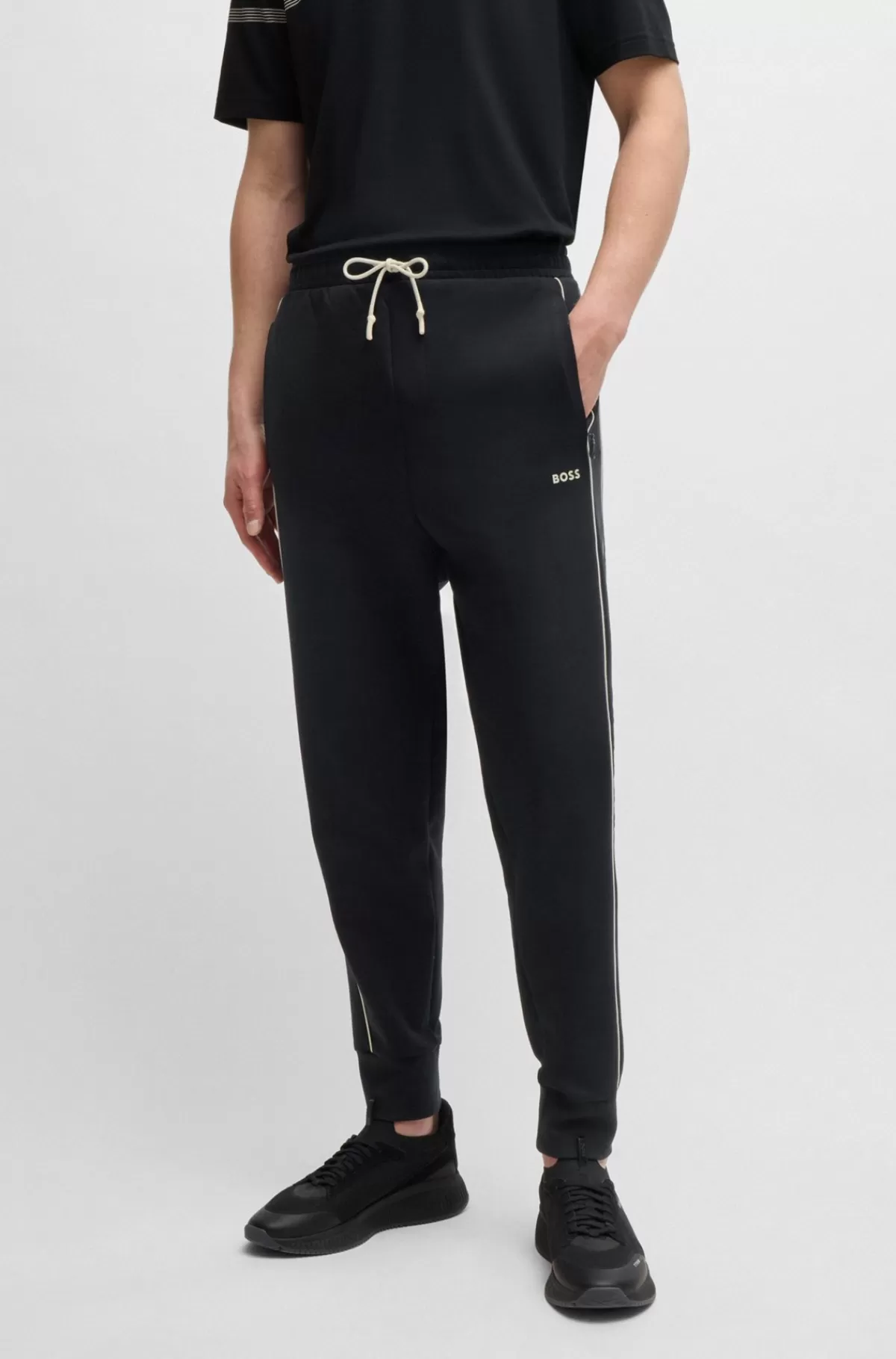 HUGO BOSS Tracksuit-bukser I Bomuld Med Stræk Med Logoprægning Sort New