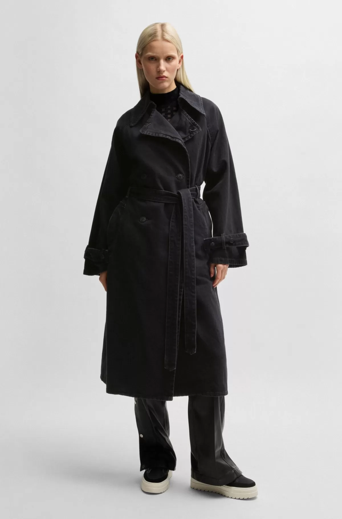 HUGO BOSS Trenchcoat I Denim Af Bomuld Med Stræk Og Malet Effekt Sort Best