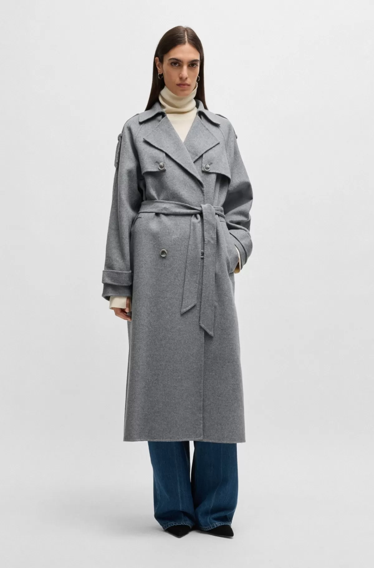 HUGO BOSS Trenchcoat I Uldblanding Med Bælte Grå Store