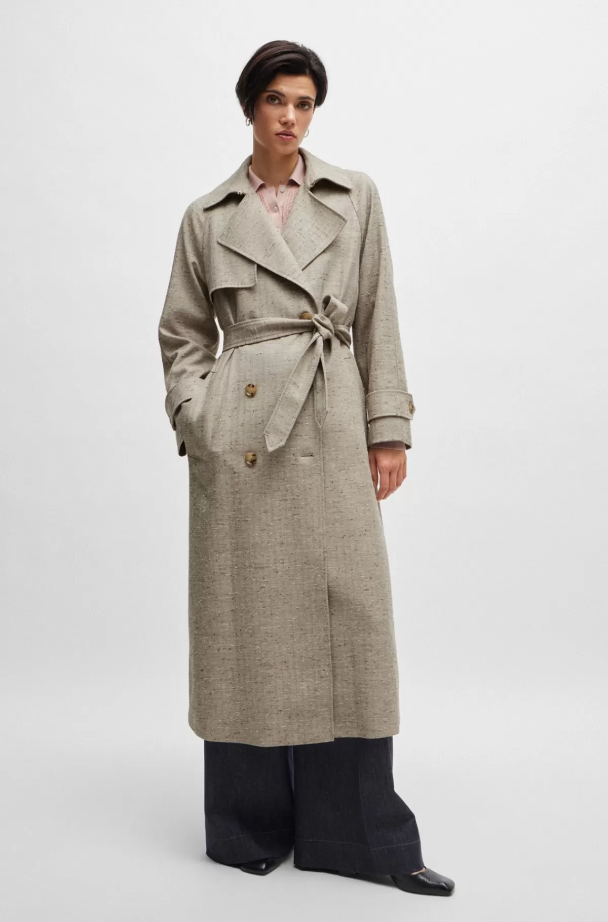 HUGO BOSS Trenchcoat I Uldblanding Med Bælte Beige Flash Sale