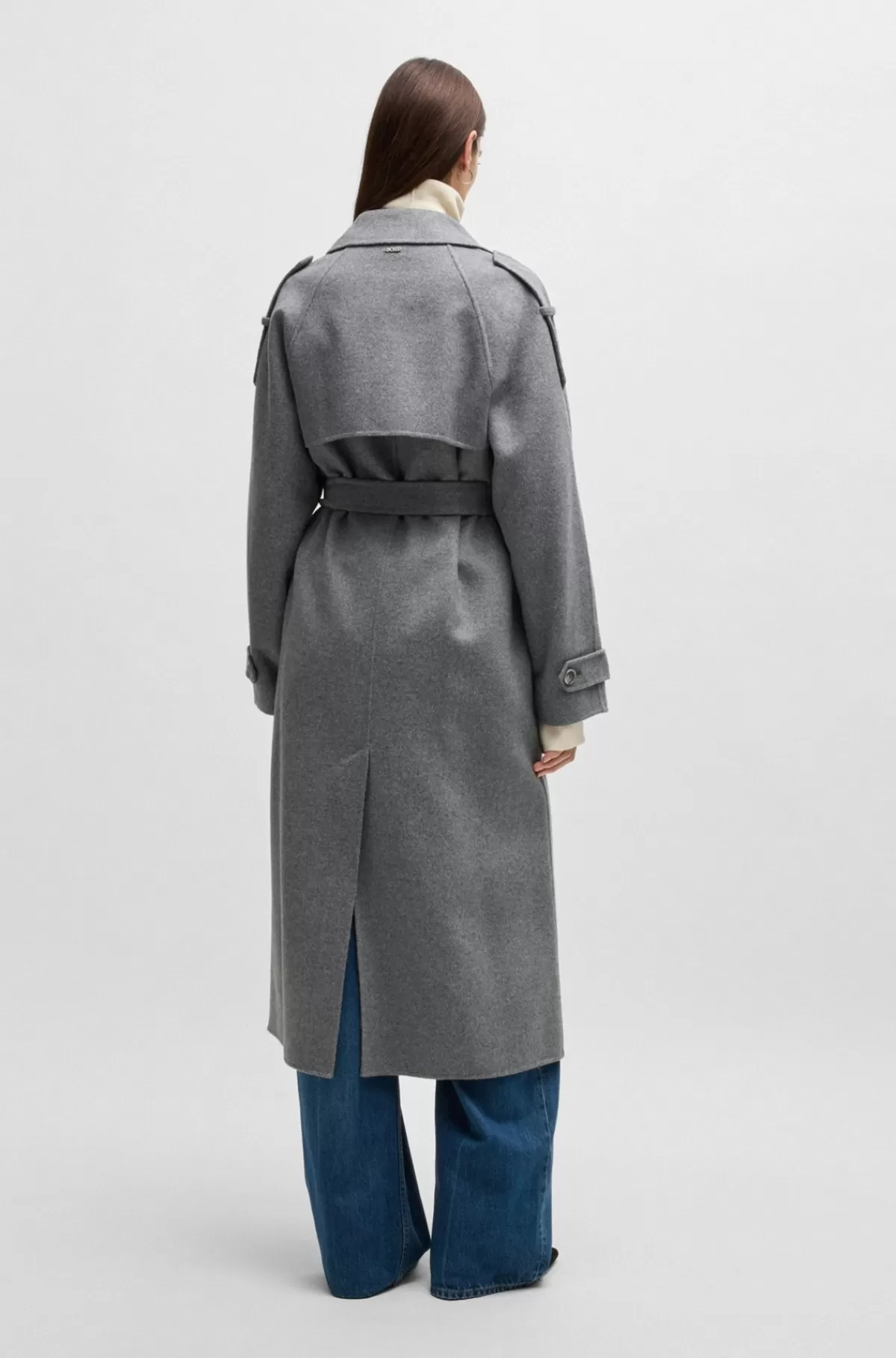 HUGO BOSS Trenchcoat I Uldblanding Med Bælte Grå Store