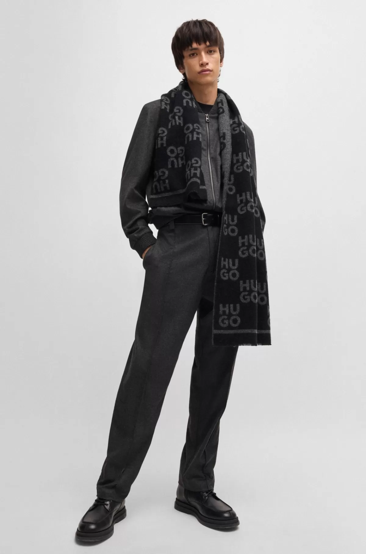 HUGO BOSS Tørklæde Af Uldblanding Med Logografik Sort Clearance