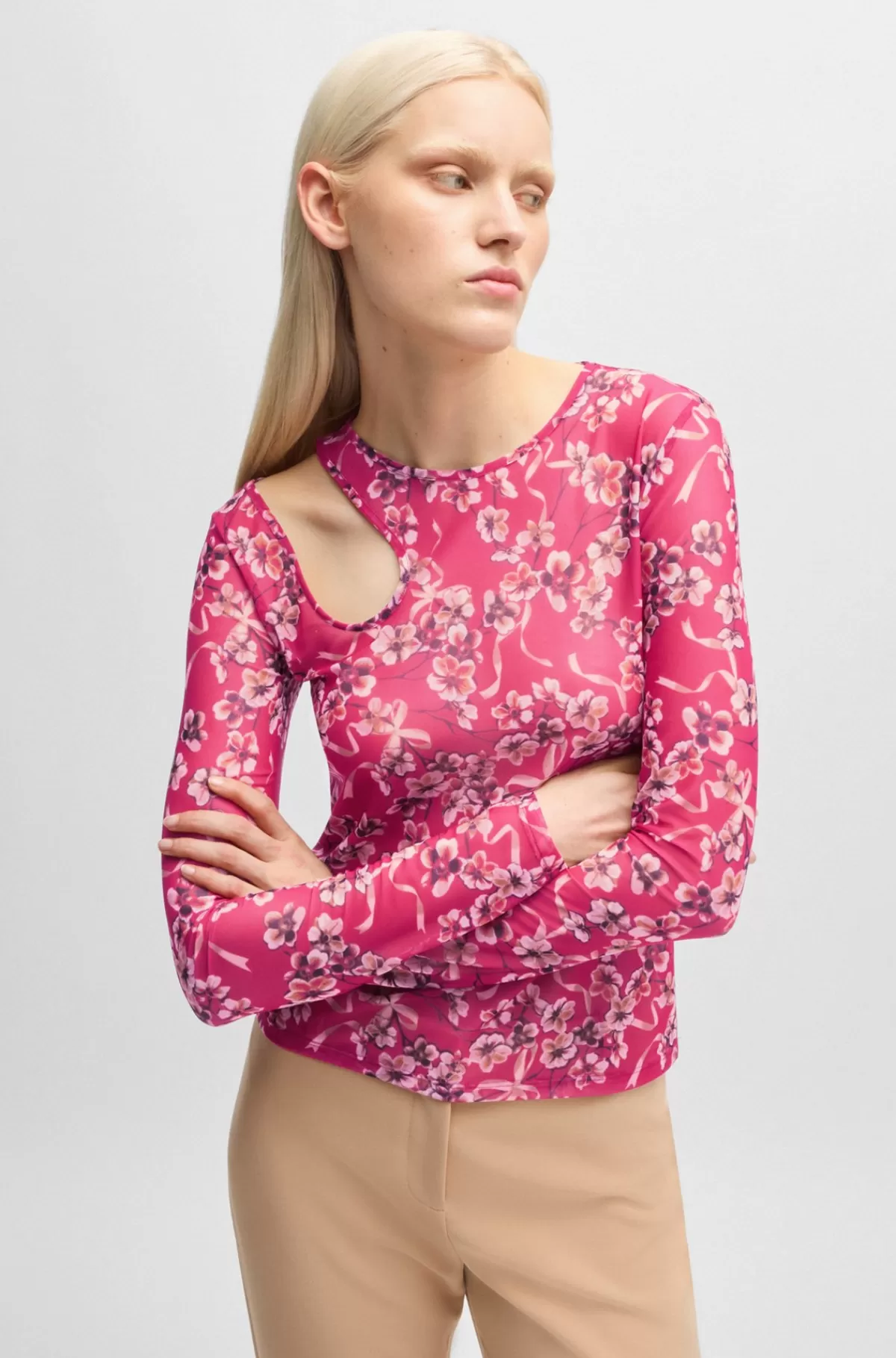 HUGO BOSS T-shirt Af Mesh Med Print Og Udskæring Ved Halsen Lyserød mønstret Online