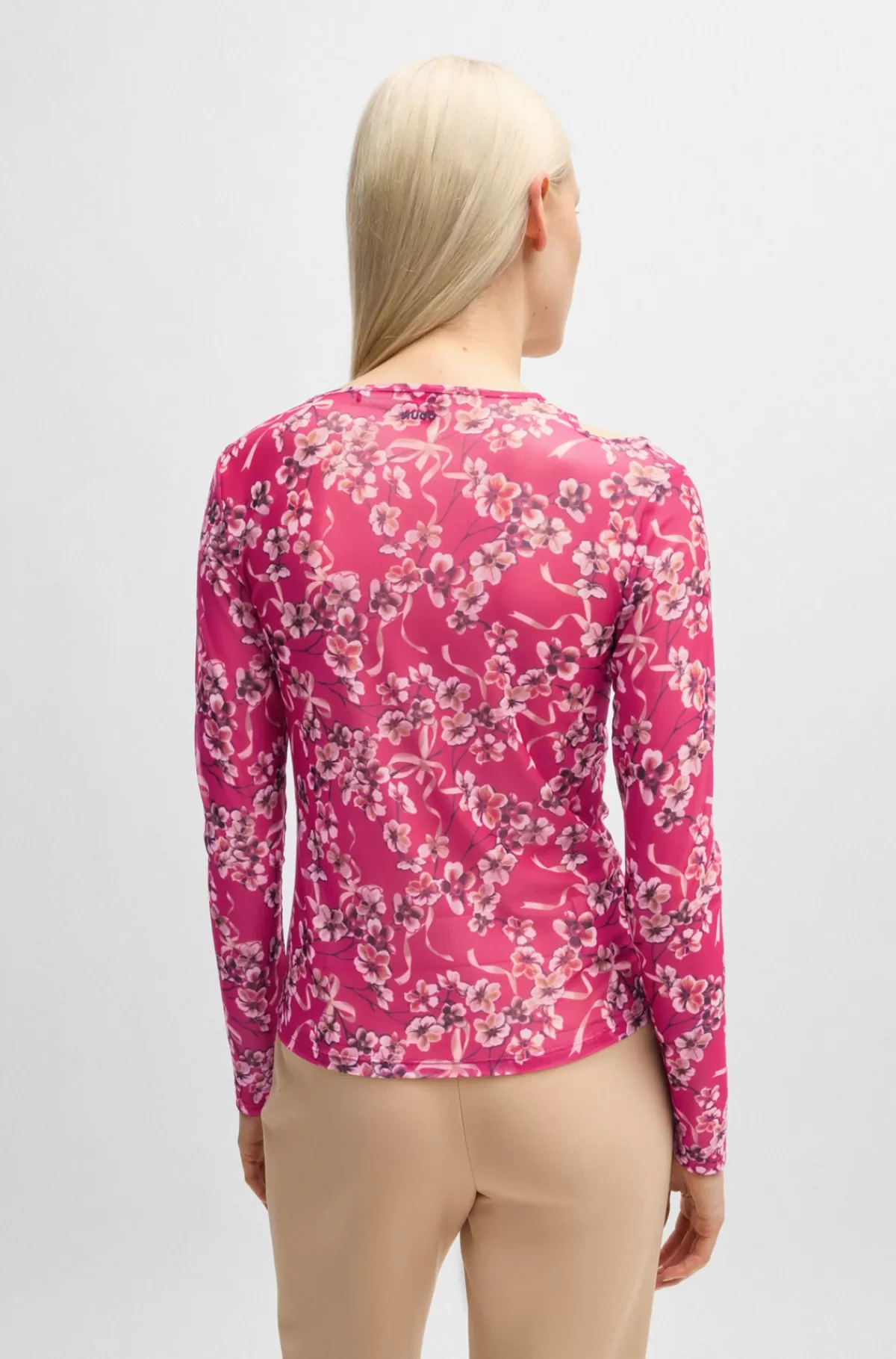 HUGO BOSS T-shirt Af Mesh Med Print Og Udskæring Ved Halsen Lyserød mønstret Online