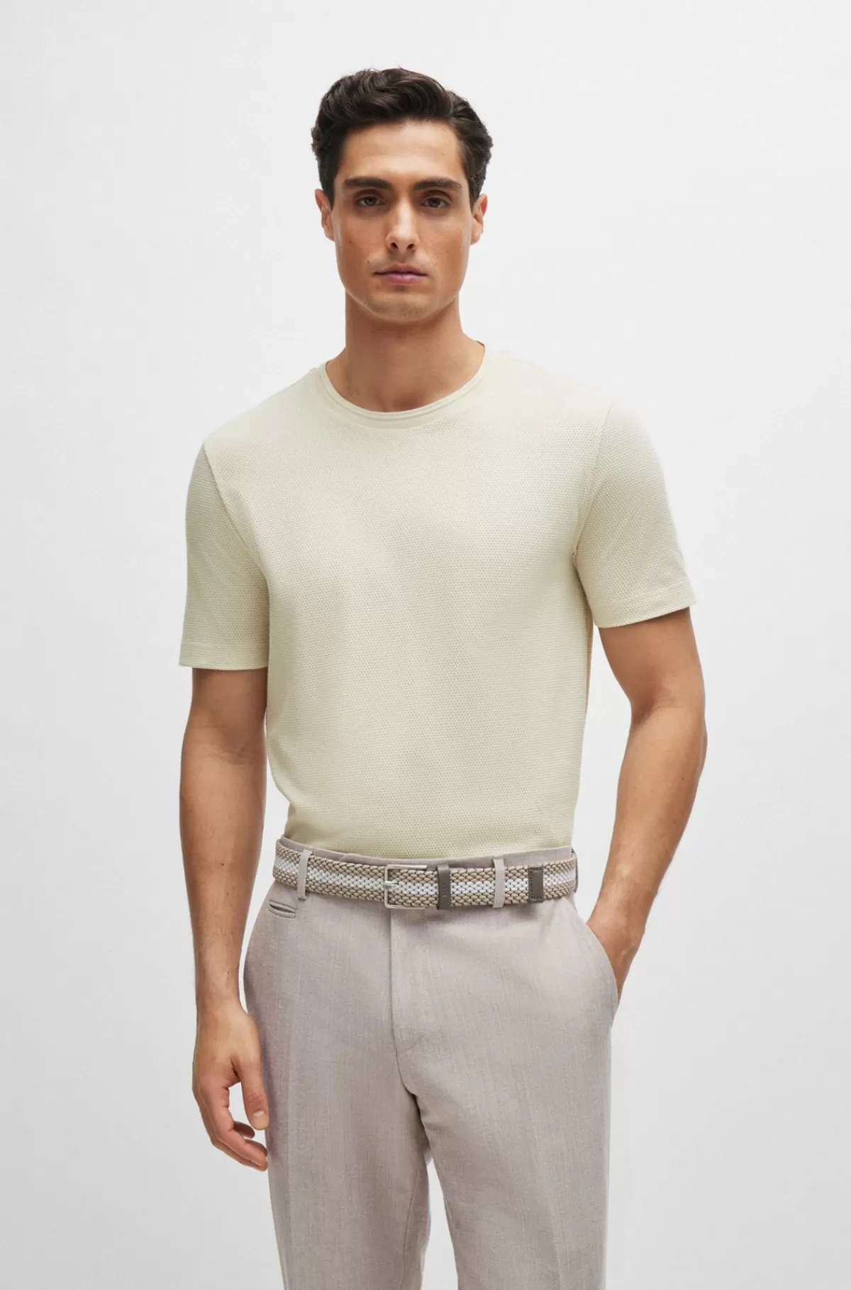 HUGO BOSS T-shirt I Bomuldsblanding Med Jacquardboblestruktur Naturlig Outlet
