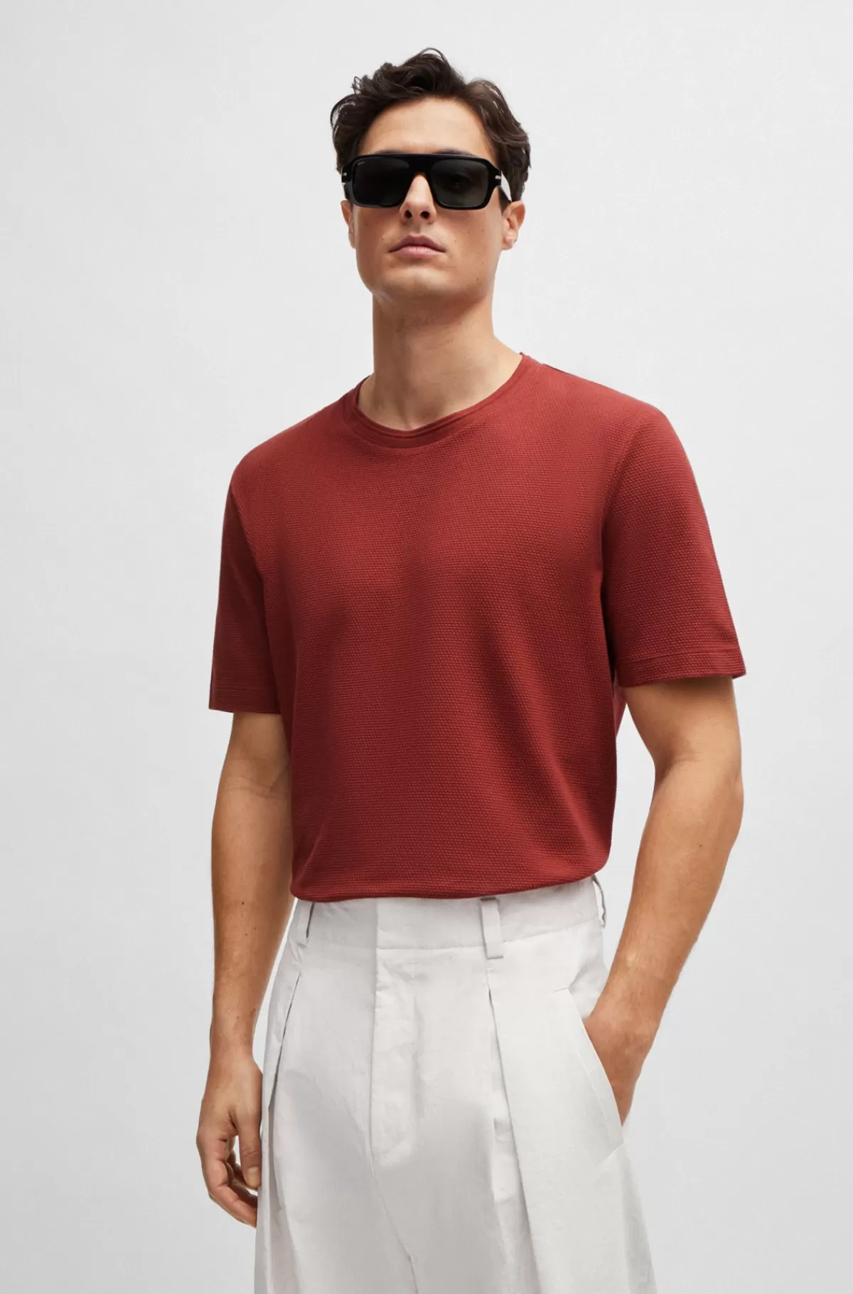 HUGO BOSS T-shirt I Bomuldsblanding Med Jacquardboblestruktur Mørkebrun Cheap