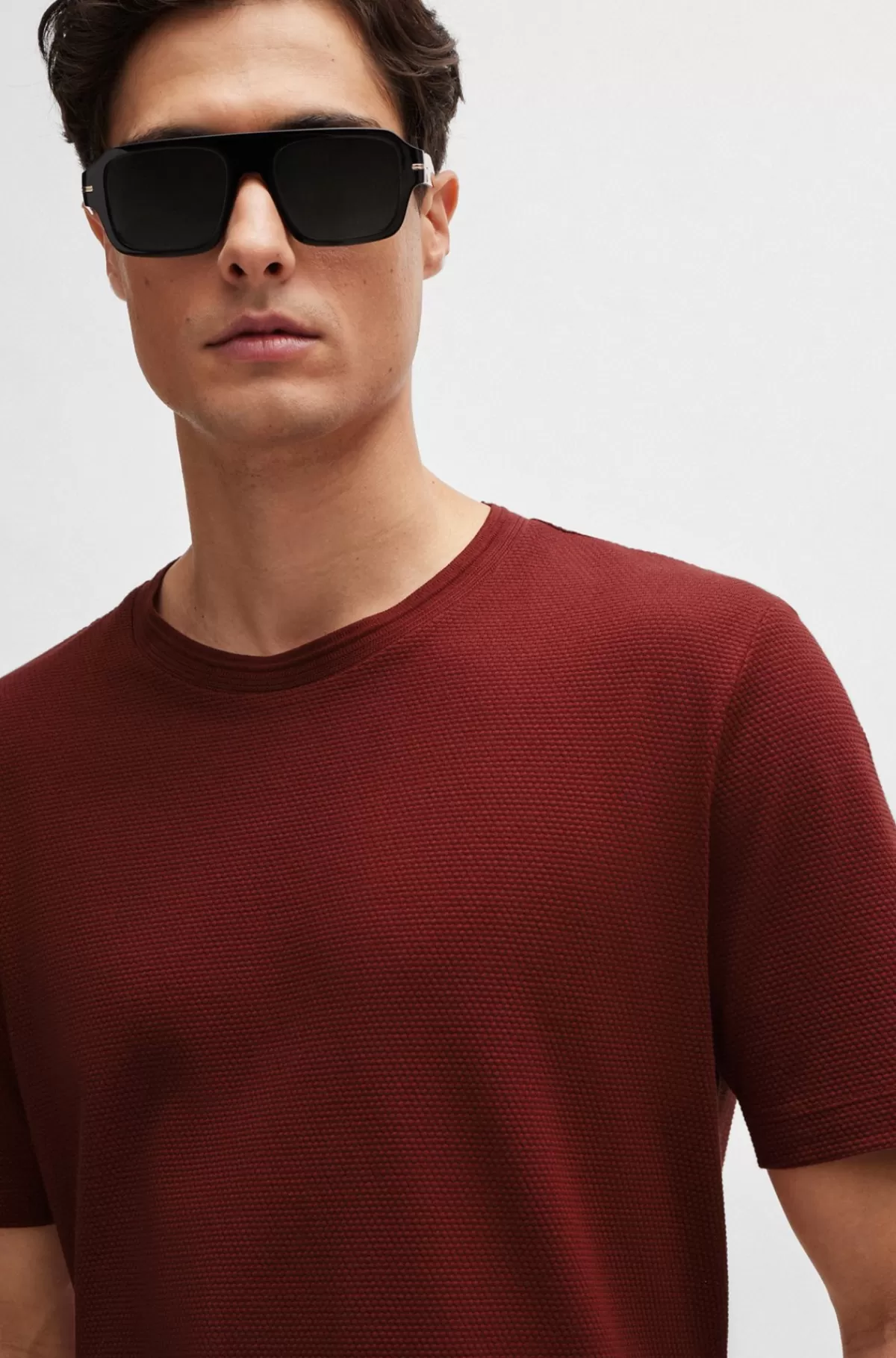 HUGO BOSS T-shirt I Bomuldsblanding Med Jacquardboblestruktur Mørkebrun Cheap