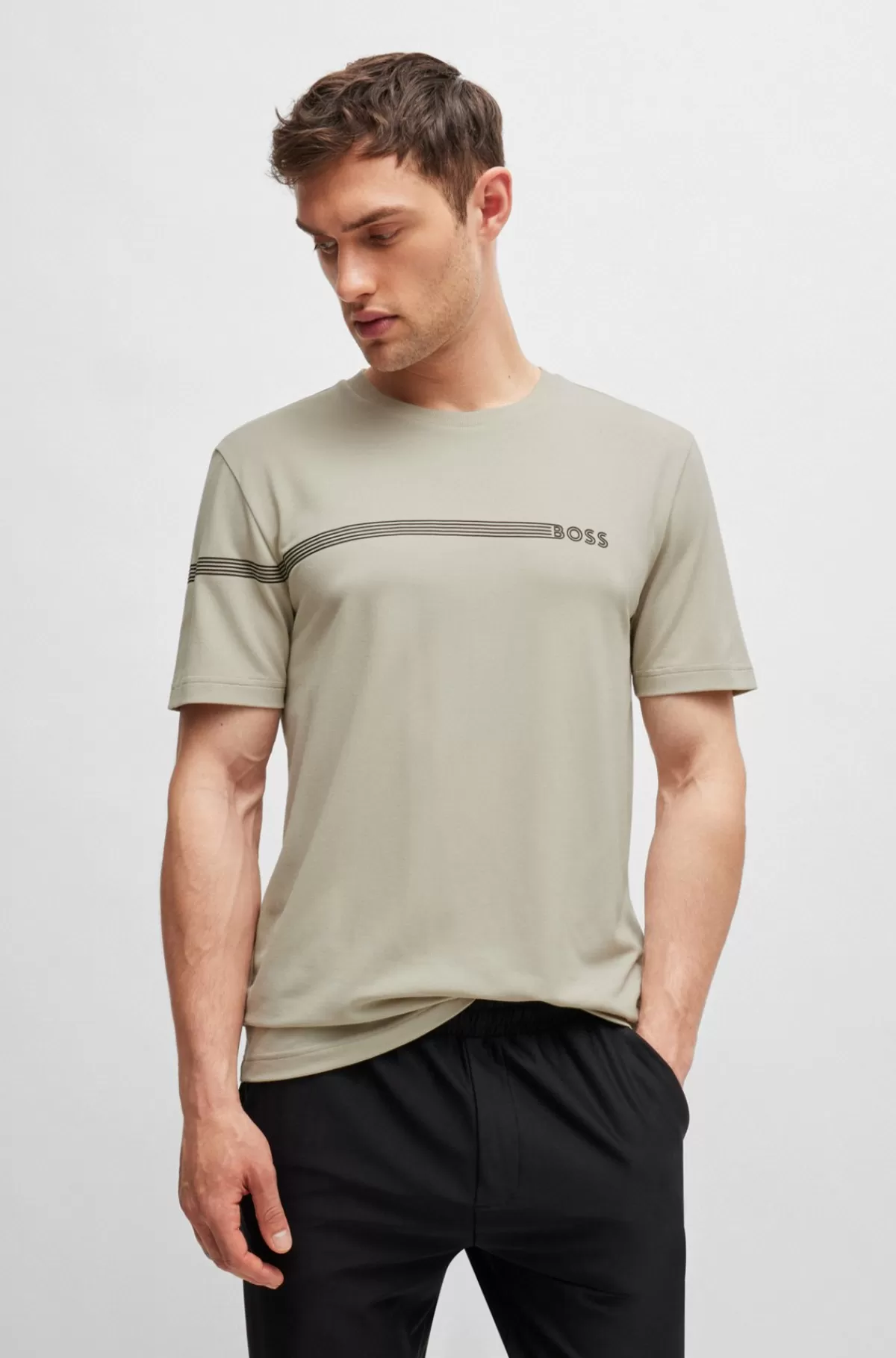 HUGO BOSS T-shirt I Bomuldsblanding Med Striber Og Logo Lys beige Shop