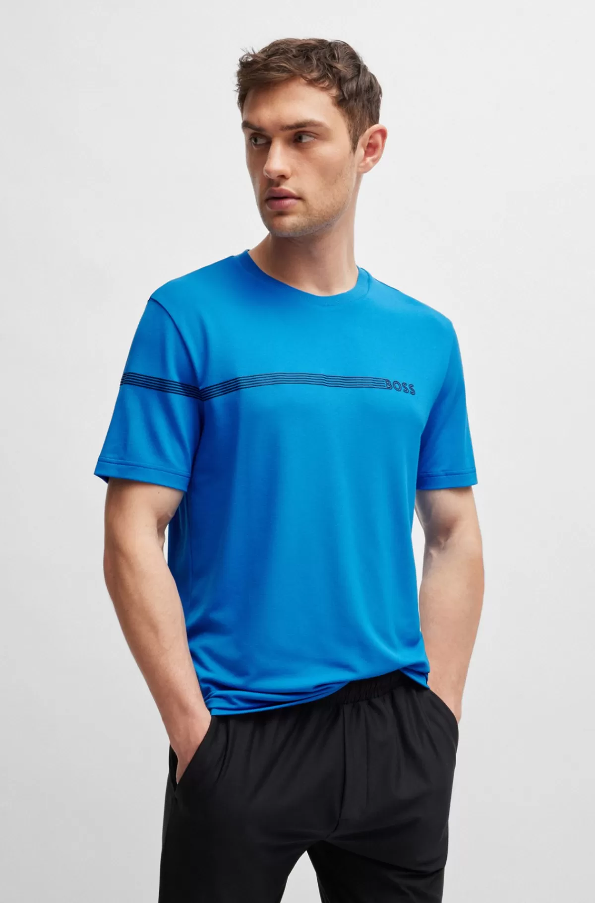 HUGO BOSS T-shirt I Bomuldsblanding Med Striber Og Logo Blå Outlet