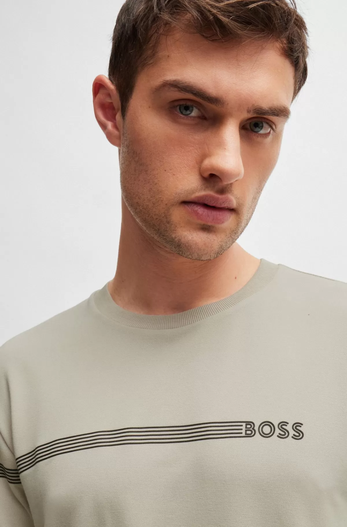 HUGO BOSS T-shirt I Bomuldsblanding Med Striber Og Logo Lys beige Shop