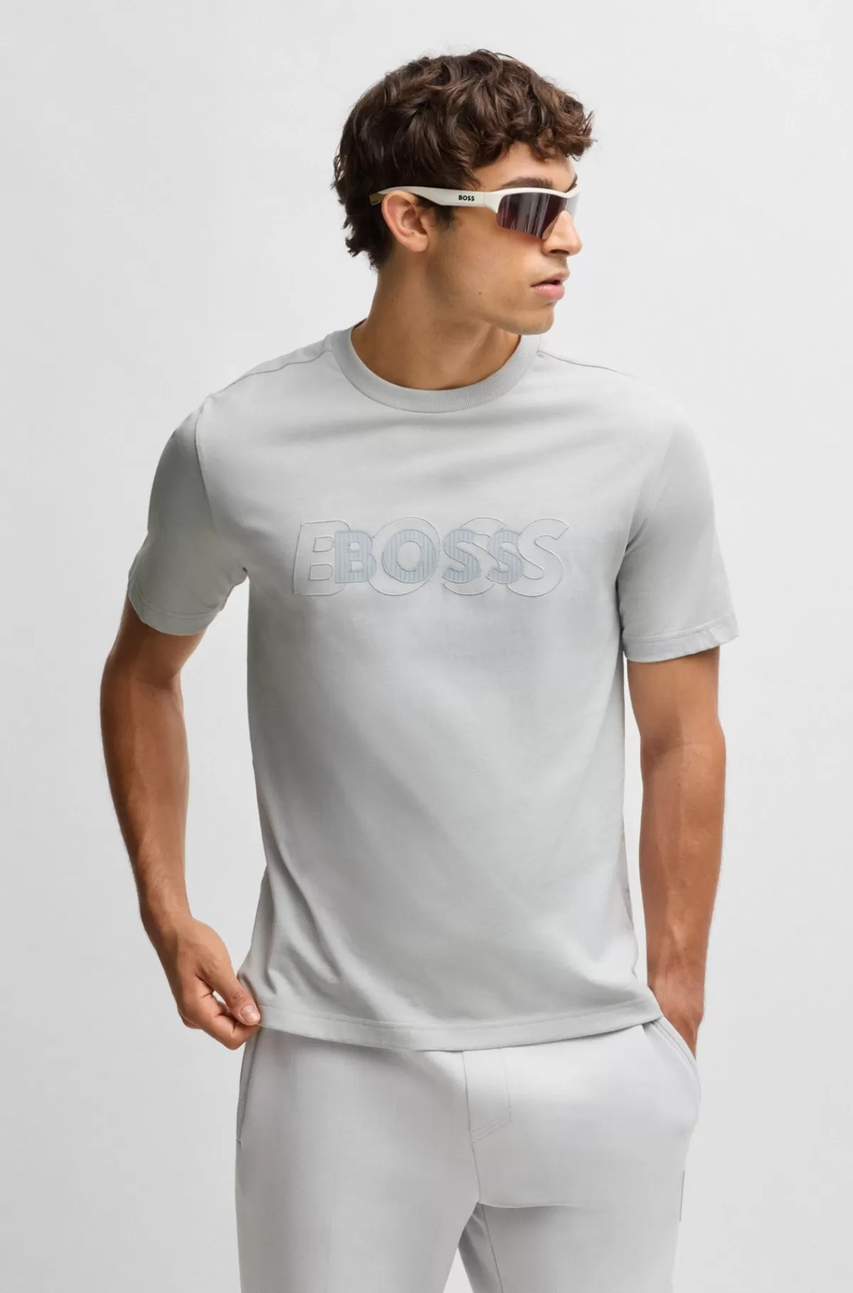 HUGO BOSS T-shirt I Bomuldsjersey Med Dobbeltlogo-grafik Lysegrå Sale