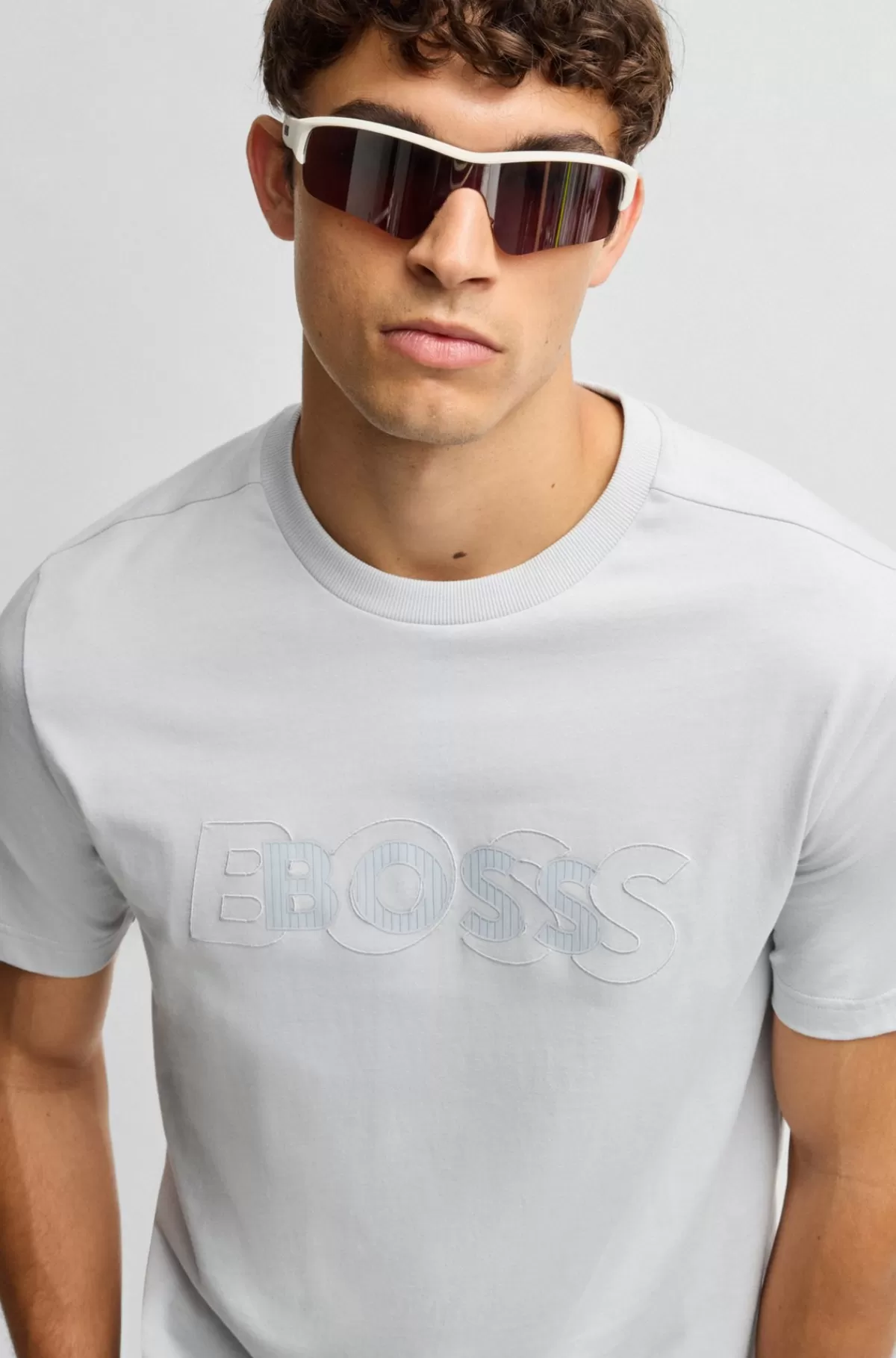 HUGO BOSS T-shirt I Bomuldsjersey Med Dobbeltlogo-grafik Lysegrå Sale