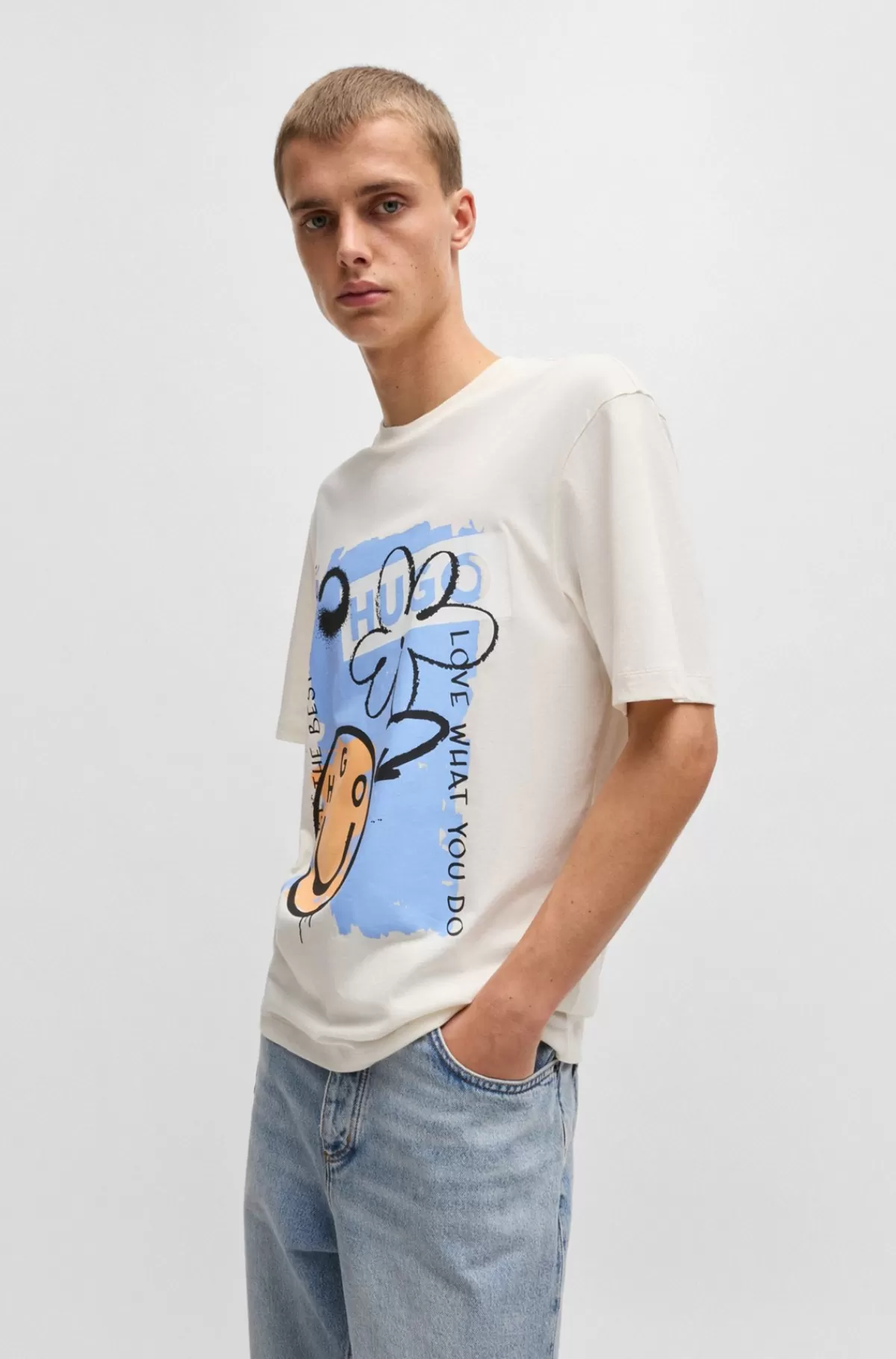 HUGO BOSS T-shirt I Bomuldsjersey Med Graffitiinspireret Grafik Naturlig Best