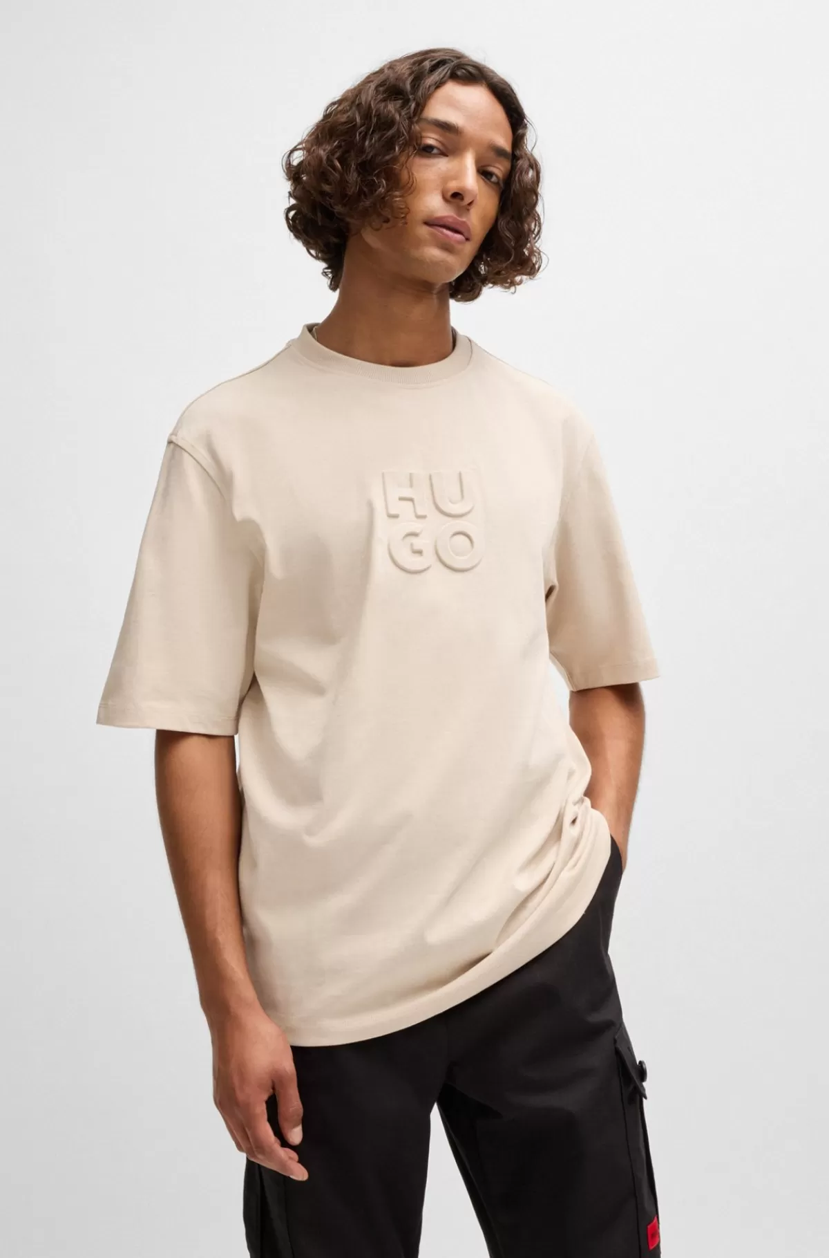 HUGO BOSS T-shirt I Bomuldsjersey Med Præget Logo Naturlig Clearance