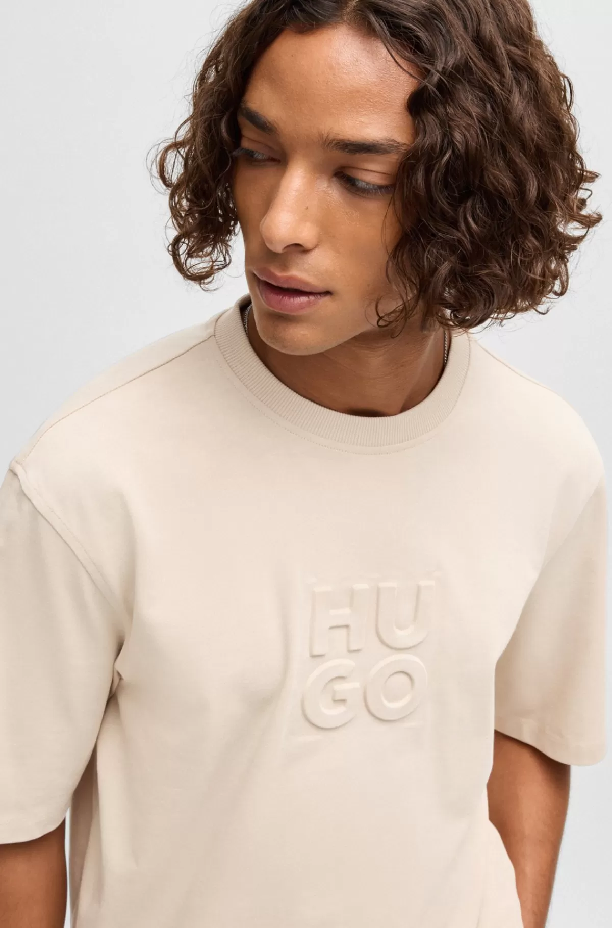 HUGO BOSS T-shirt I Bomuldsjersey Med Præget Logo Naturlig Clearance