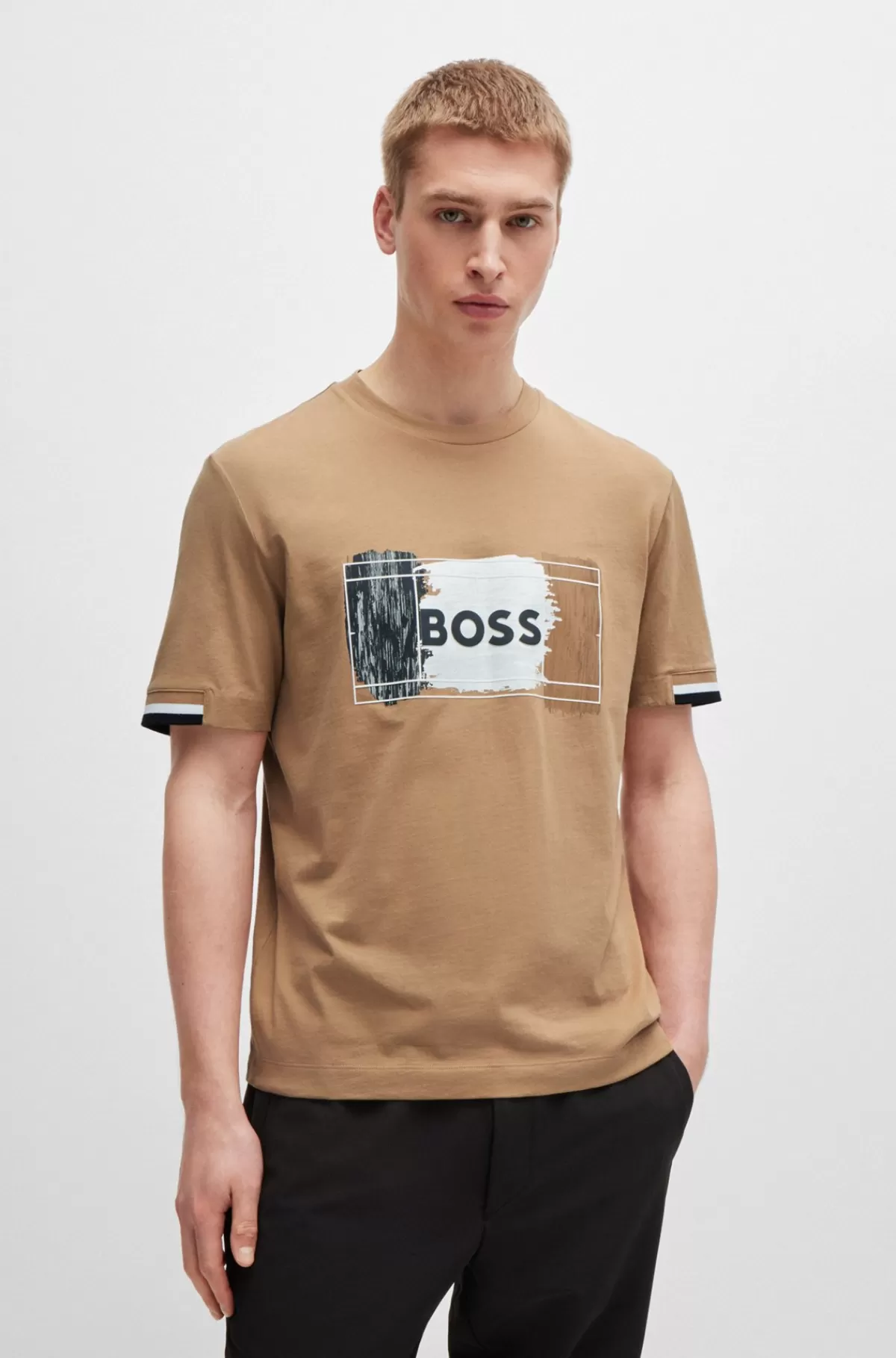 HUGO BOSS T-shirt I Bomuldsjersey Med Signaturgrafik Beige Sale