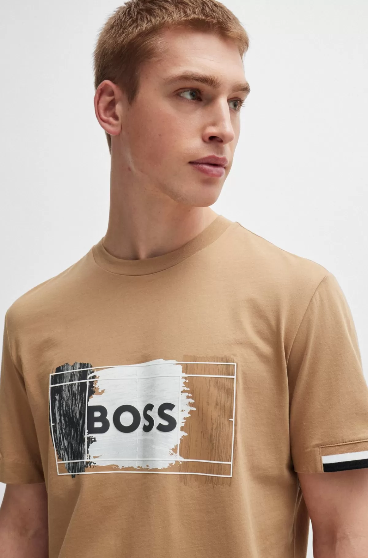 HUGO BOSS T-shirt I Bomuldsjersey Med Signaturgrafik Beige Sale