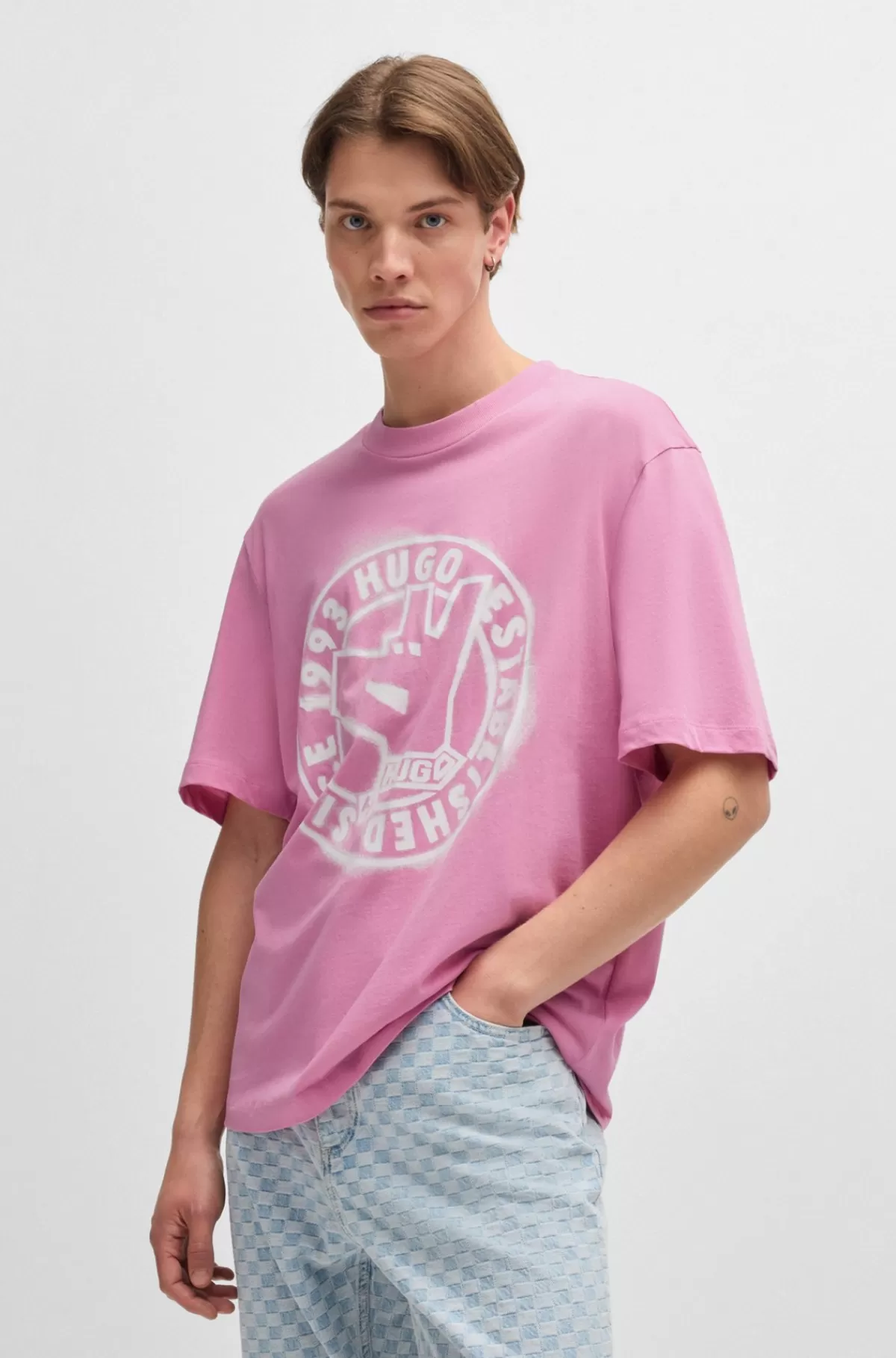 HUGO BOSS T-shirt I Bomuldsjersey Med Signaturgrafik Og Regular Fit Pink Outlet