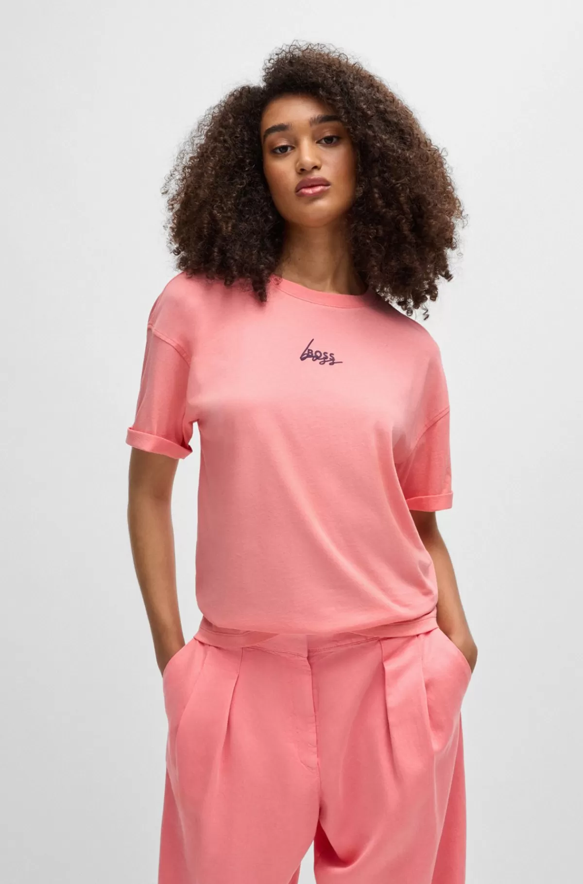 HUGO BOSS T-shirt I Bomuldsjersey Med Signaturprint Koralfarvet Outlet