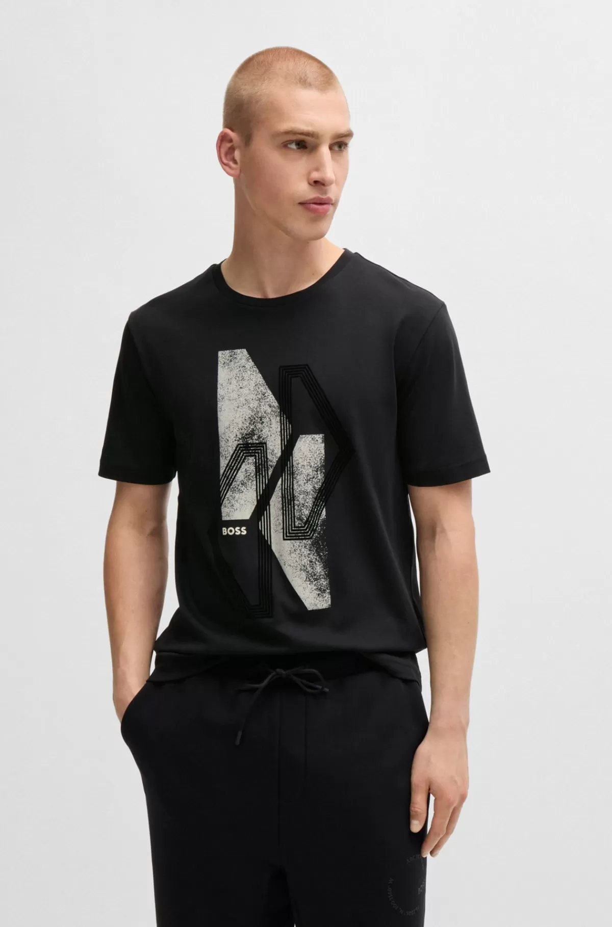 HUGO BOSS T-shirt I Interlock-bomuld Med Regular Fit Og Sæsonens Grafik Sort Discount