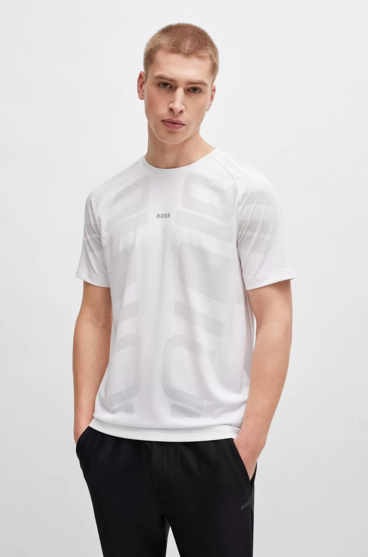 HUGO BOSS T-shirt I Performance-jacquard Med Dekorativt Reflekterende Logo Hvid Best