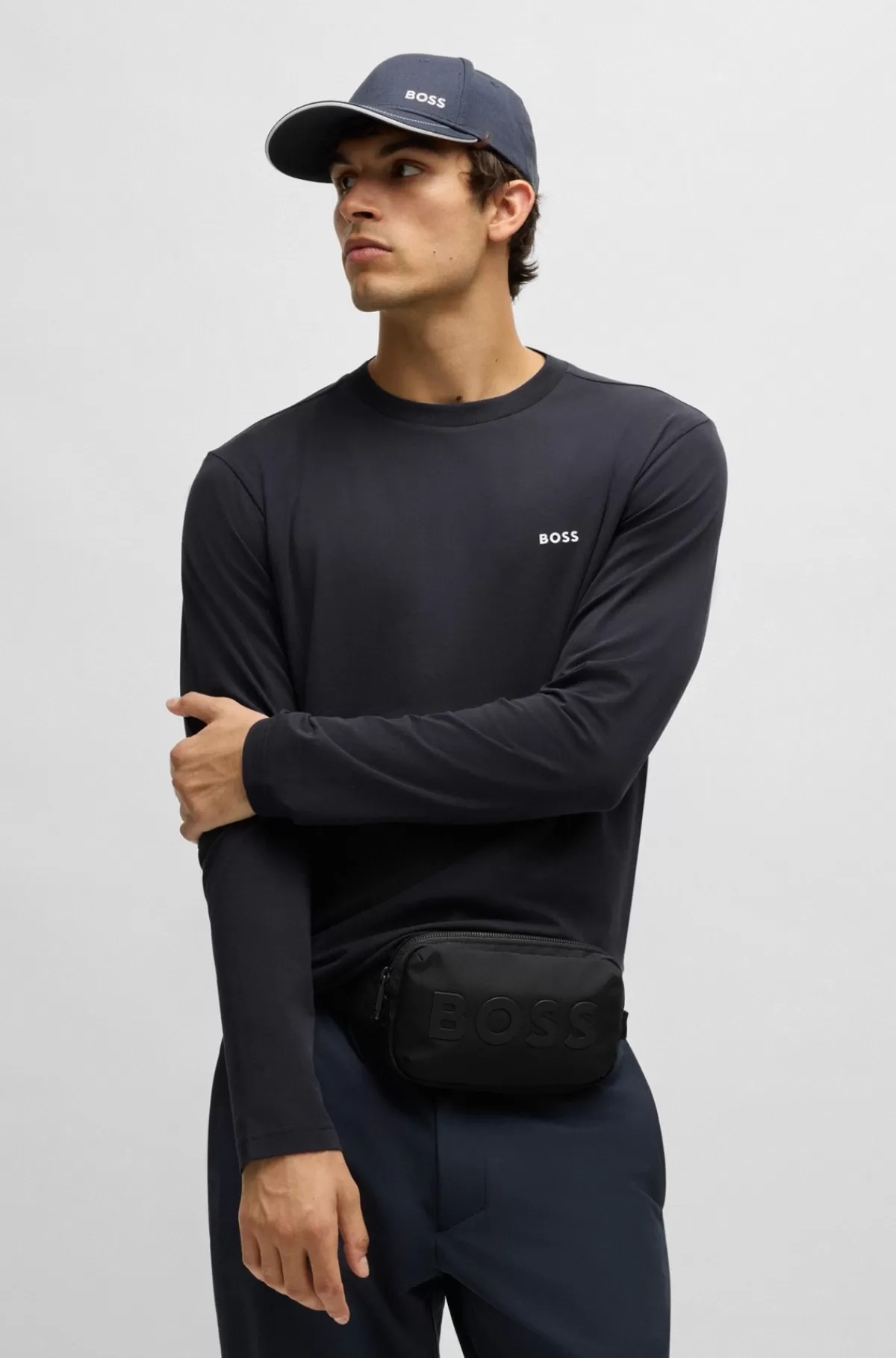 HUGO BOSS T-shirt Med Lange ærmer I Bomuld Med Stræk Kontrastlogo Mørkeblå Store