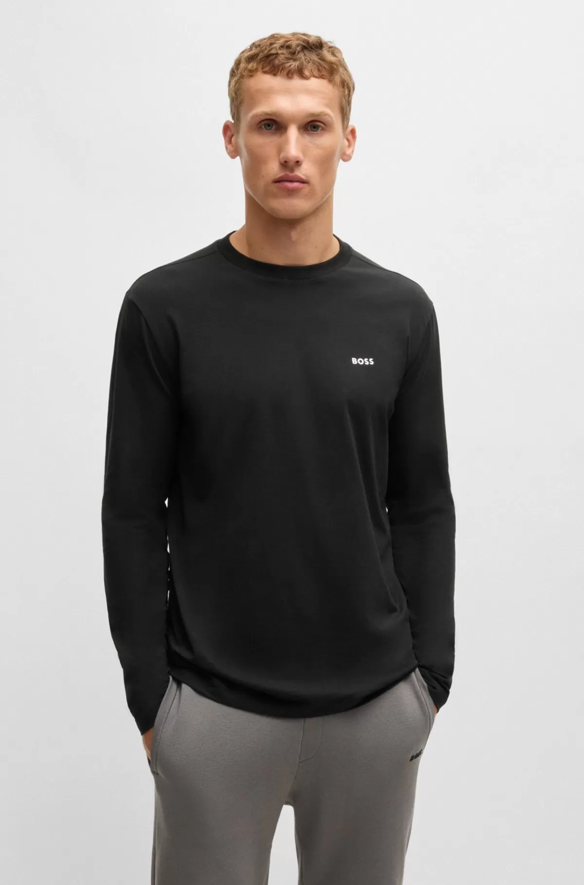 HUGO BOSS T-shirt Med Lange ærmer I Bomuld Med Stræk Kontrastlogo Sort Cheap