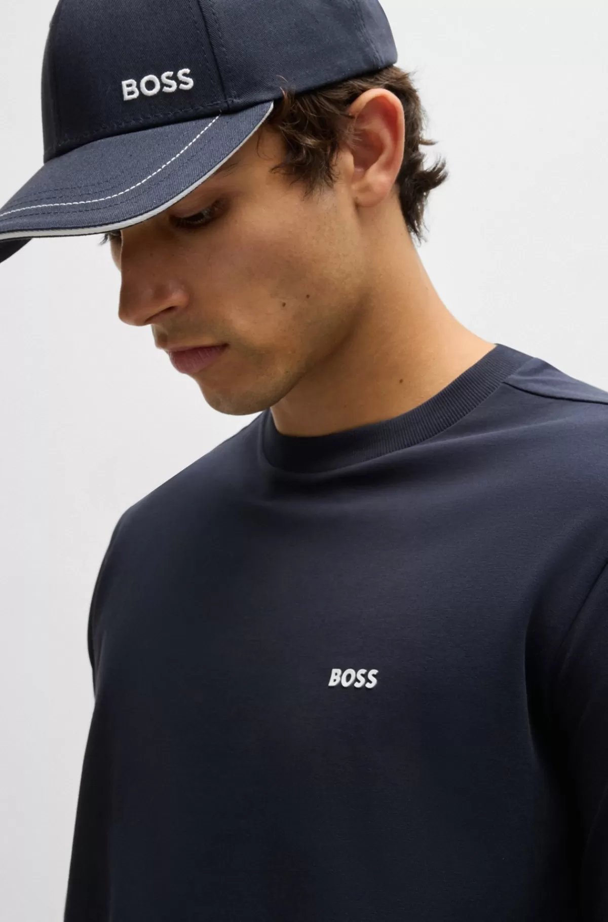 HUGO BOSS T-shirt Med Lange ærmer I Bomuld Med Stræk Kontrastlogo Mørkeblå Store
