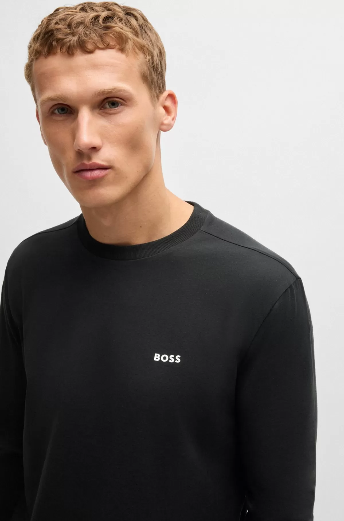 HUGO BOSS T-shirt Med Lange ærmer I Bomuld Med Stræk Kontrastlogo Sort Cheap