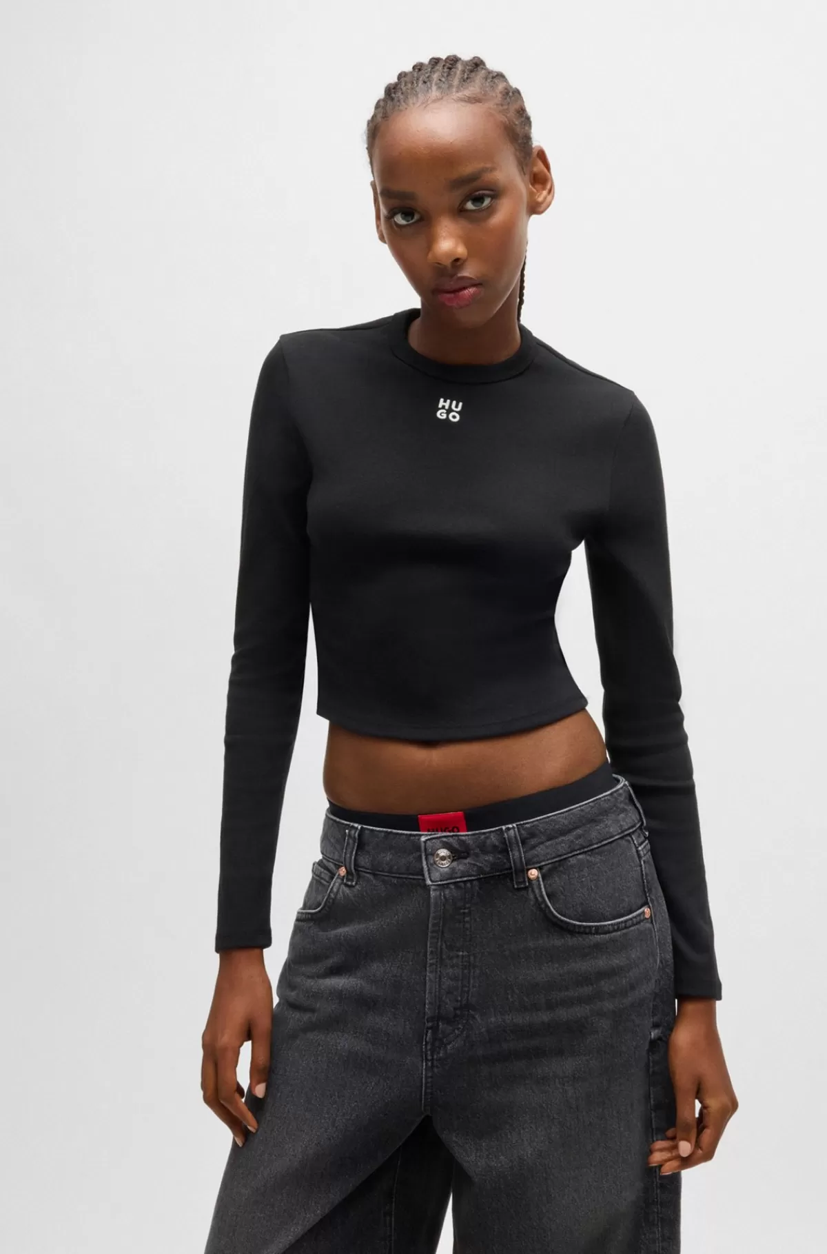 HUGO BOSS T-shirt Med Lange ærmer I Bomuldsblanding Med Slim Fit Og Stablet Logo Sort Sale