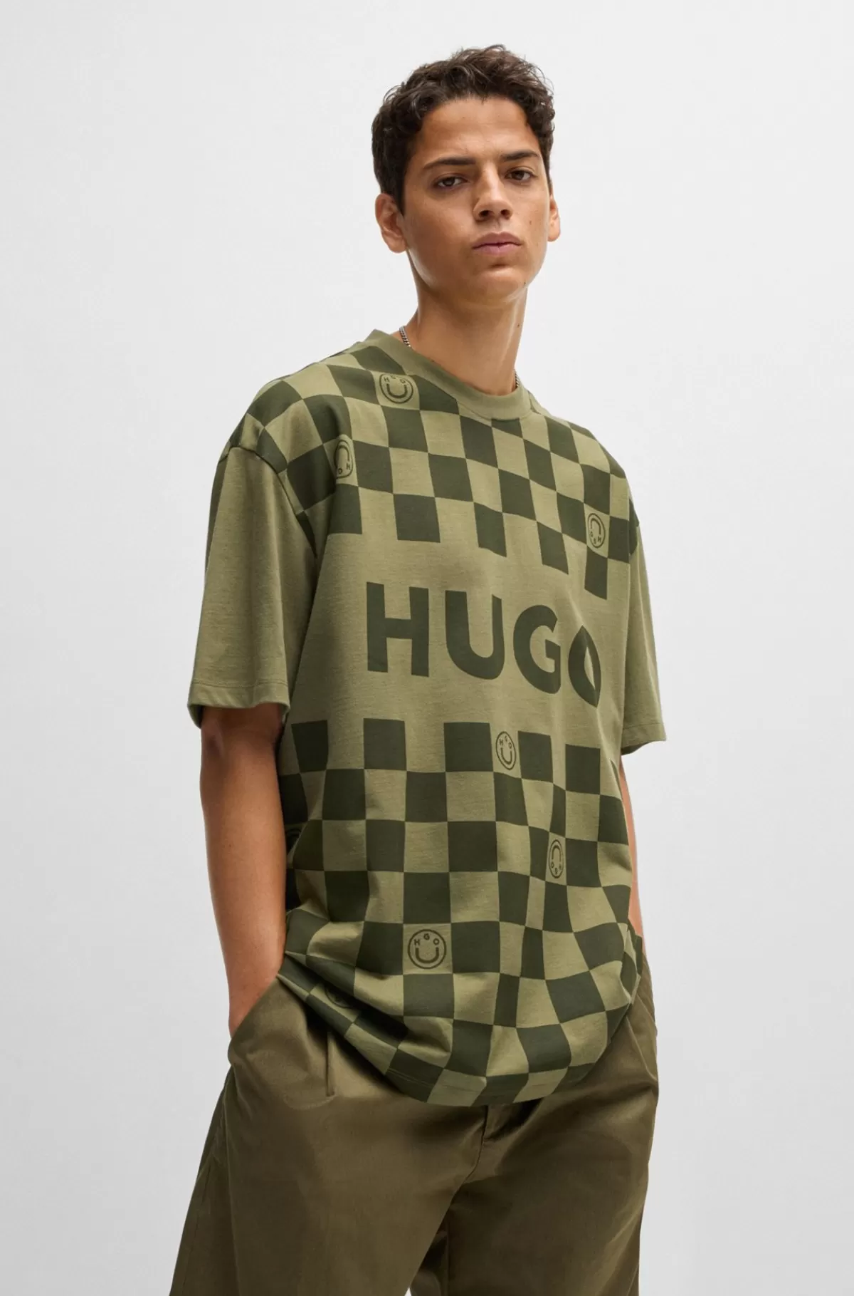 HUGO BOSS T-shirt Med Loose Fit I Bomuldsjersey Med Skakternet Print Grøn Hot