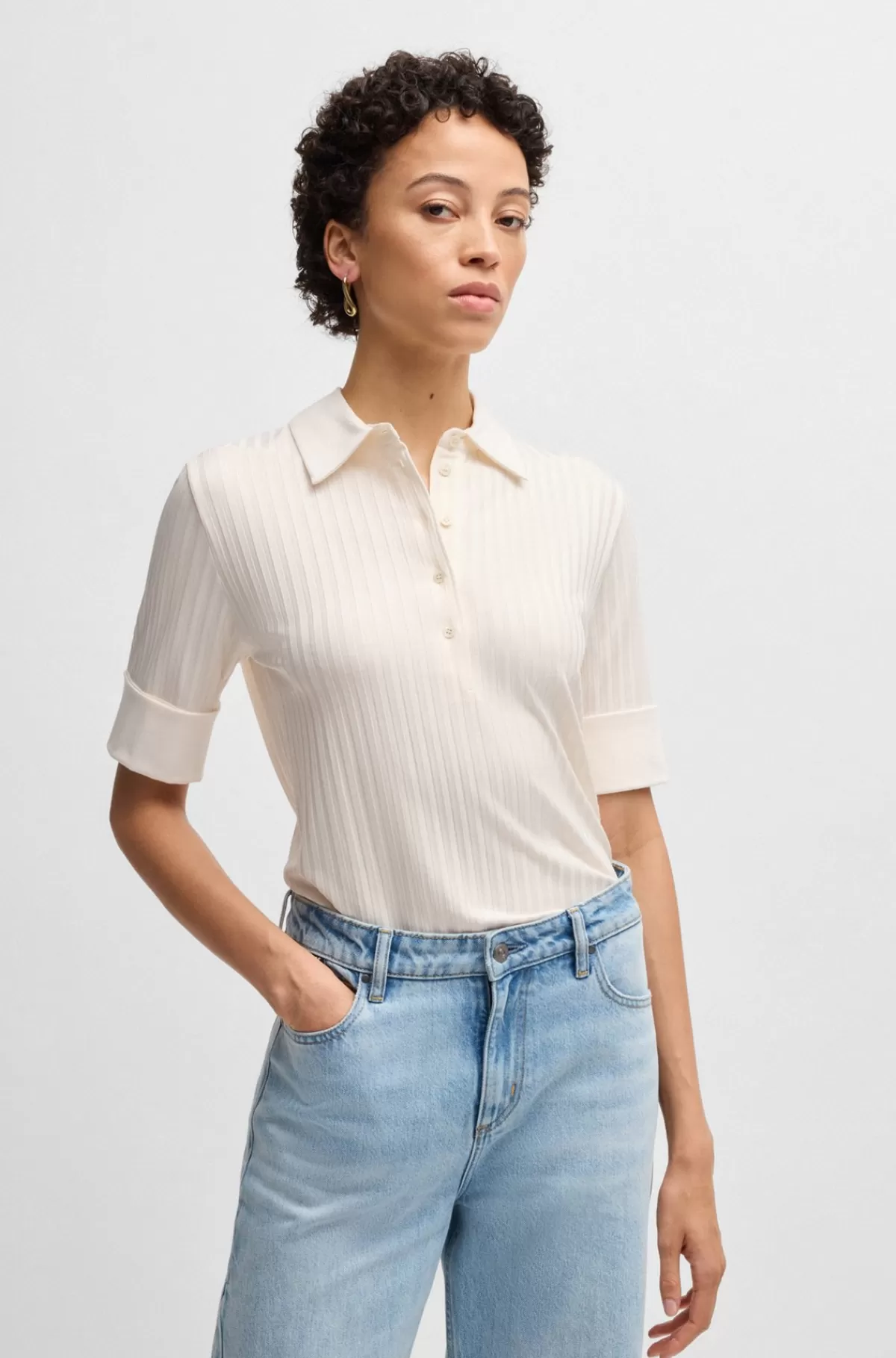HUGO BOSS T-shirt Med Polokrave, En Ribbet Struktur Og Glatte ærmekanter Naturlig Shop