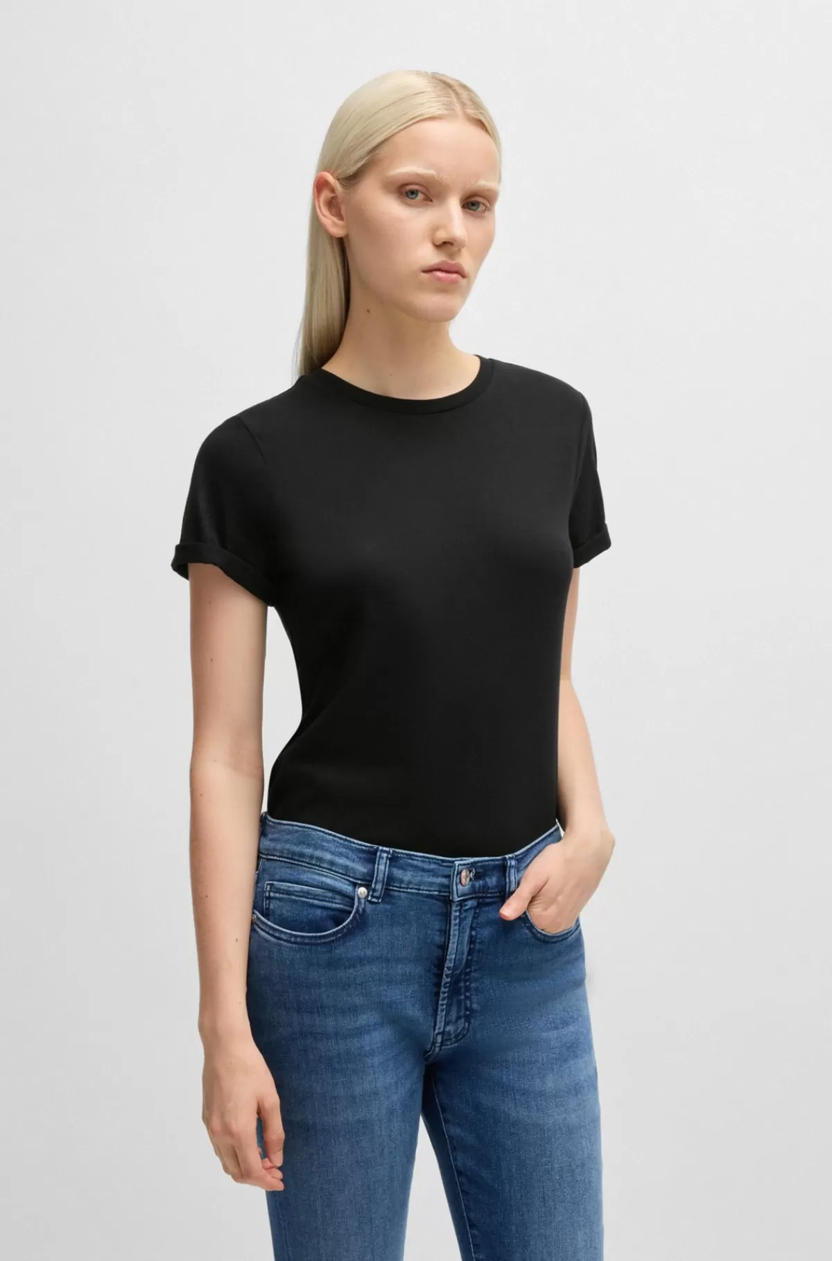 HUGO BOSS T-shirt Med Slim Fit I Bomuldsjersey Med Logoprint Sort Outlet