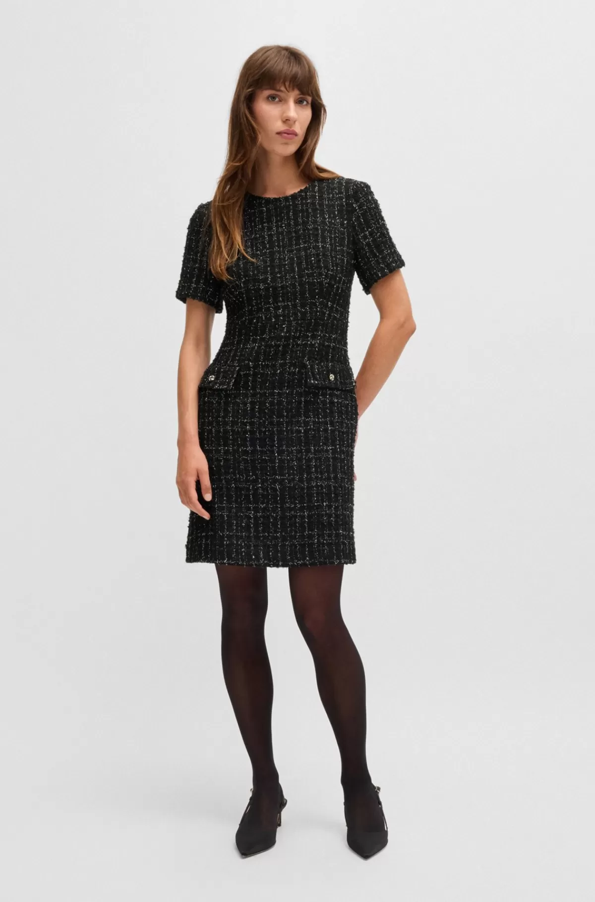 HUGO BOSS Tweedkjole Med Korte ærmer Og Lommer Sort mønstret Clearance